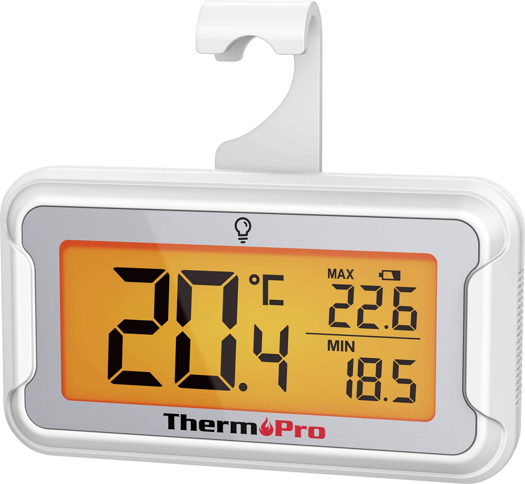 Digitales ThermoPro-Thermometer-Display zeigt 20,4°C aktuelle Temperatur an, mit Maximum 22,6 und Minimum 18,5, sowie einem Aufhängebügel.