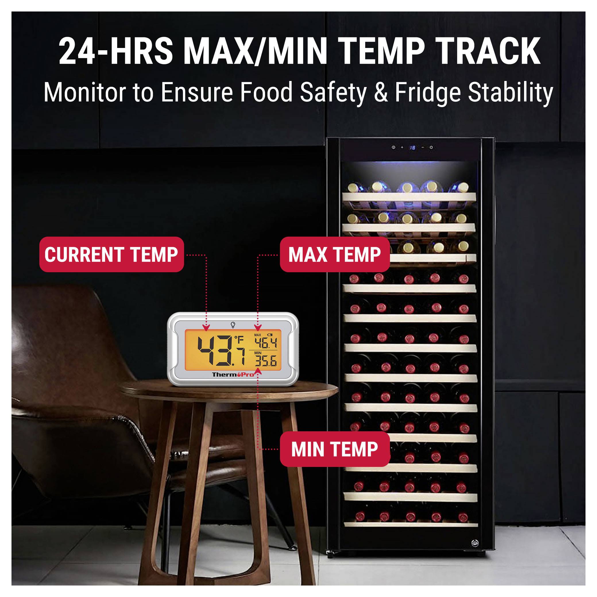 '24-STUNDEN MAX/MIN TEMPERATURVERFOLGUNG' Promo mit einem digitalen Thermometer auf einem Tisch neben einem Weinkühler, beschriftet mit aktueller, maximaler und minimaler Temperatur zur Überwachung der Lebensmittelsicherheit und Kühlschrankstabilität.