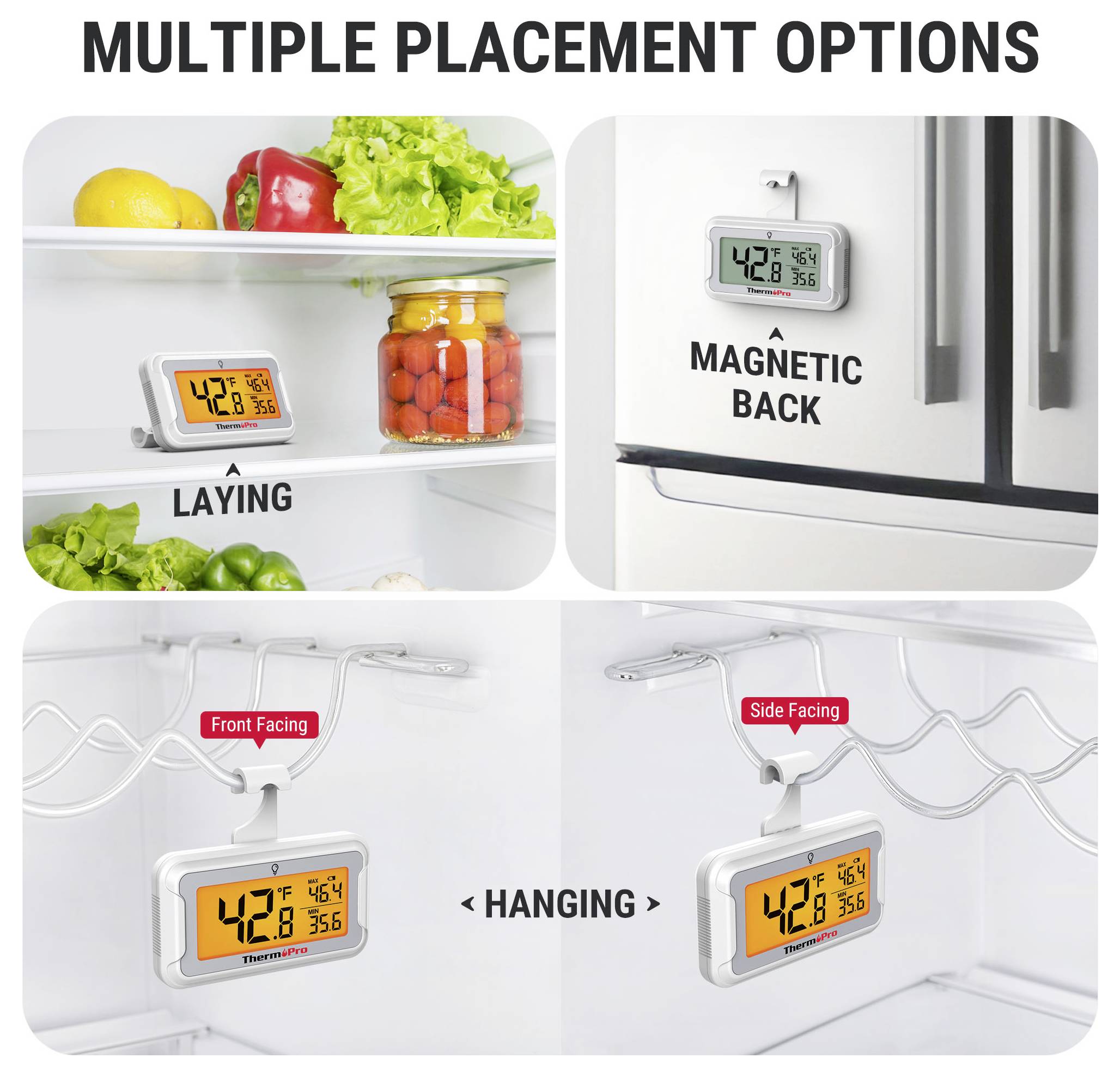 Produktbild mit mehreren Platzierungsmöglichkeiten für ein Kühlschrank-Thermometer: auf einem Regal liegend, magnetische Rückseite am Kühlschrank, hängend nach vorne oder zur Seite zeigend.