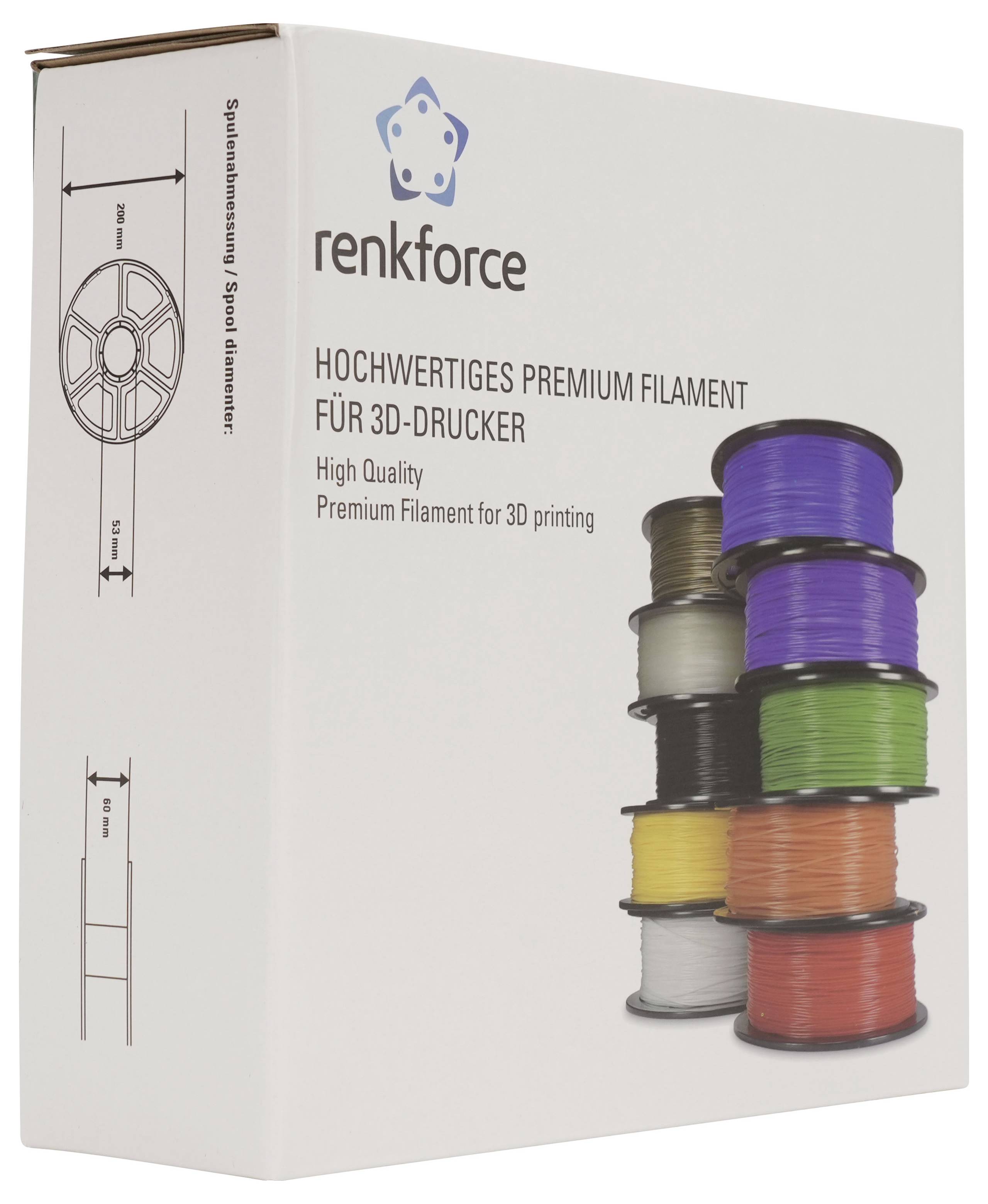 Renkforce 3D-Drucker-Filament-Verpackung mit gestapelten Spulen in mehreren Farben und dem Text „Hochwertiges Premium Filament für 3D-Drucker