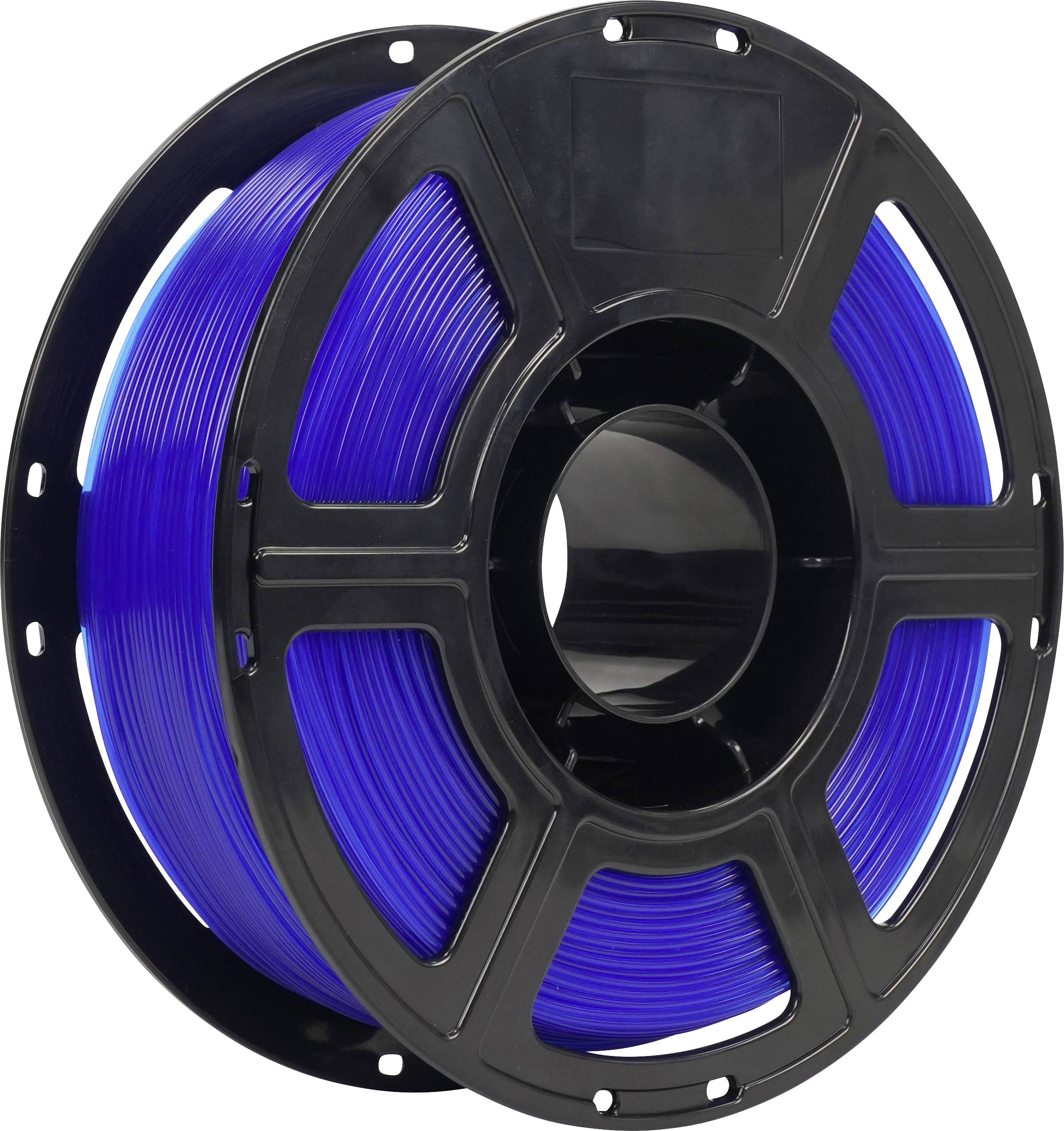 Schwarze Spule mit blauem 3D-Drucker-Filament auf weißem Hintergrund.