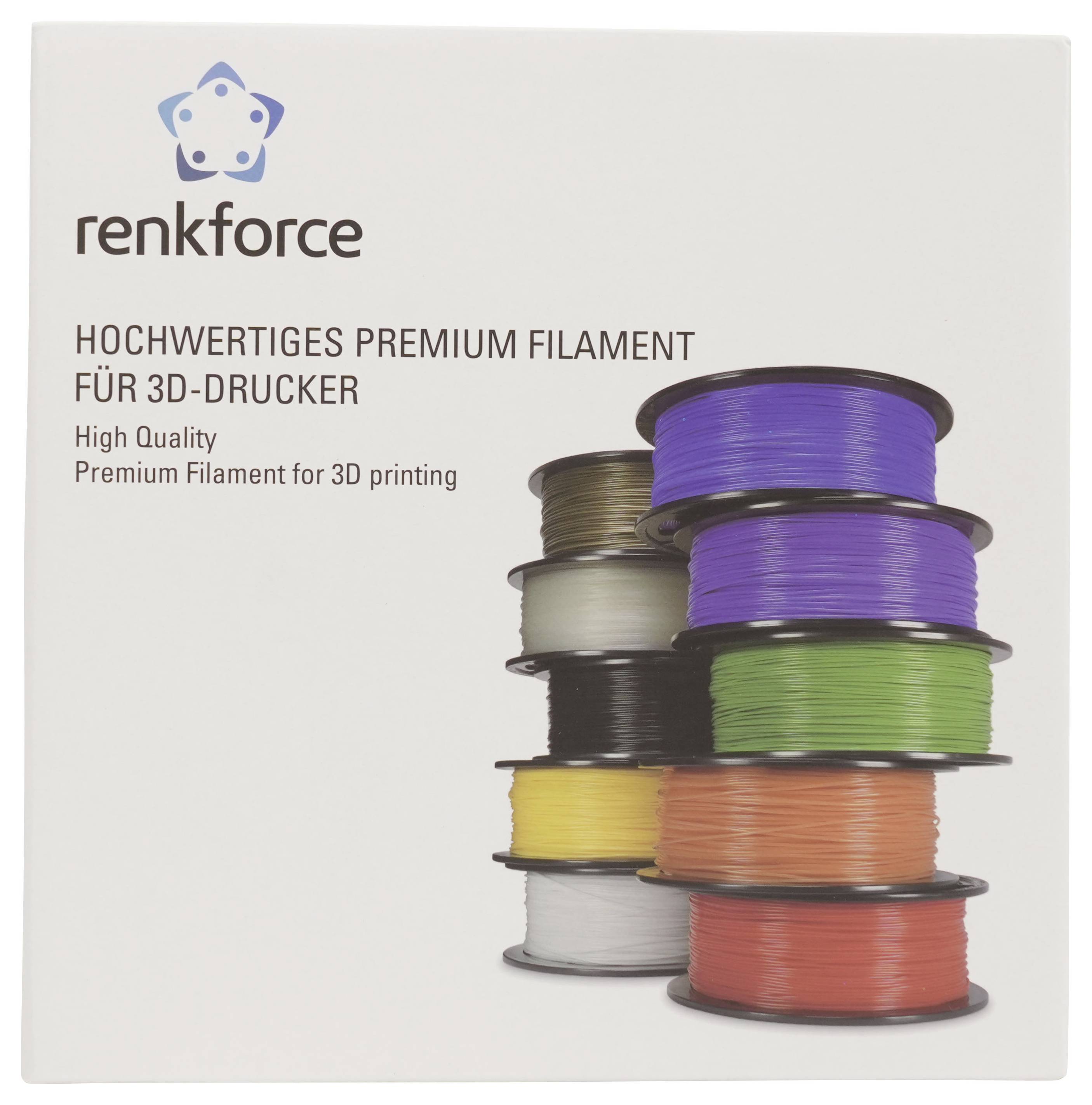 Verpackung für renkforce Premium-Filament für 3D-Drucker, das gestapelte Spulen in mehreren Farben zeigt, sowie der Text „Hochwertiges Premium-Filament für 3D-Drucker
