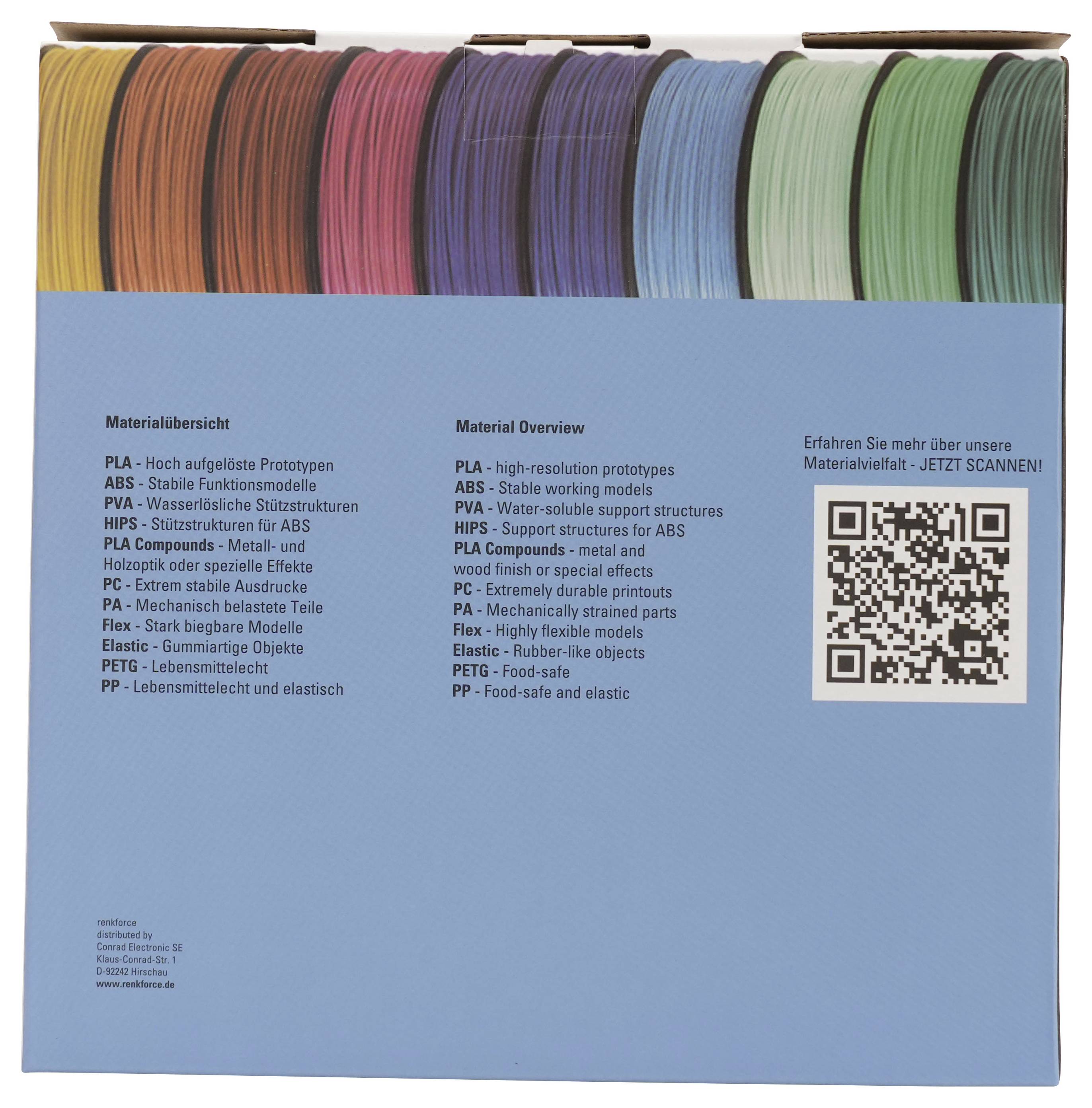Blauer Karton mit Muster-3D-Druckerfilamenten in vielen Farben, mit einer Materialübersicht auf Deutsch und Englisch sowie einem QR-Code für weitere Informationen.