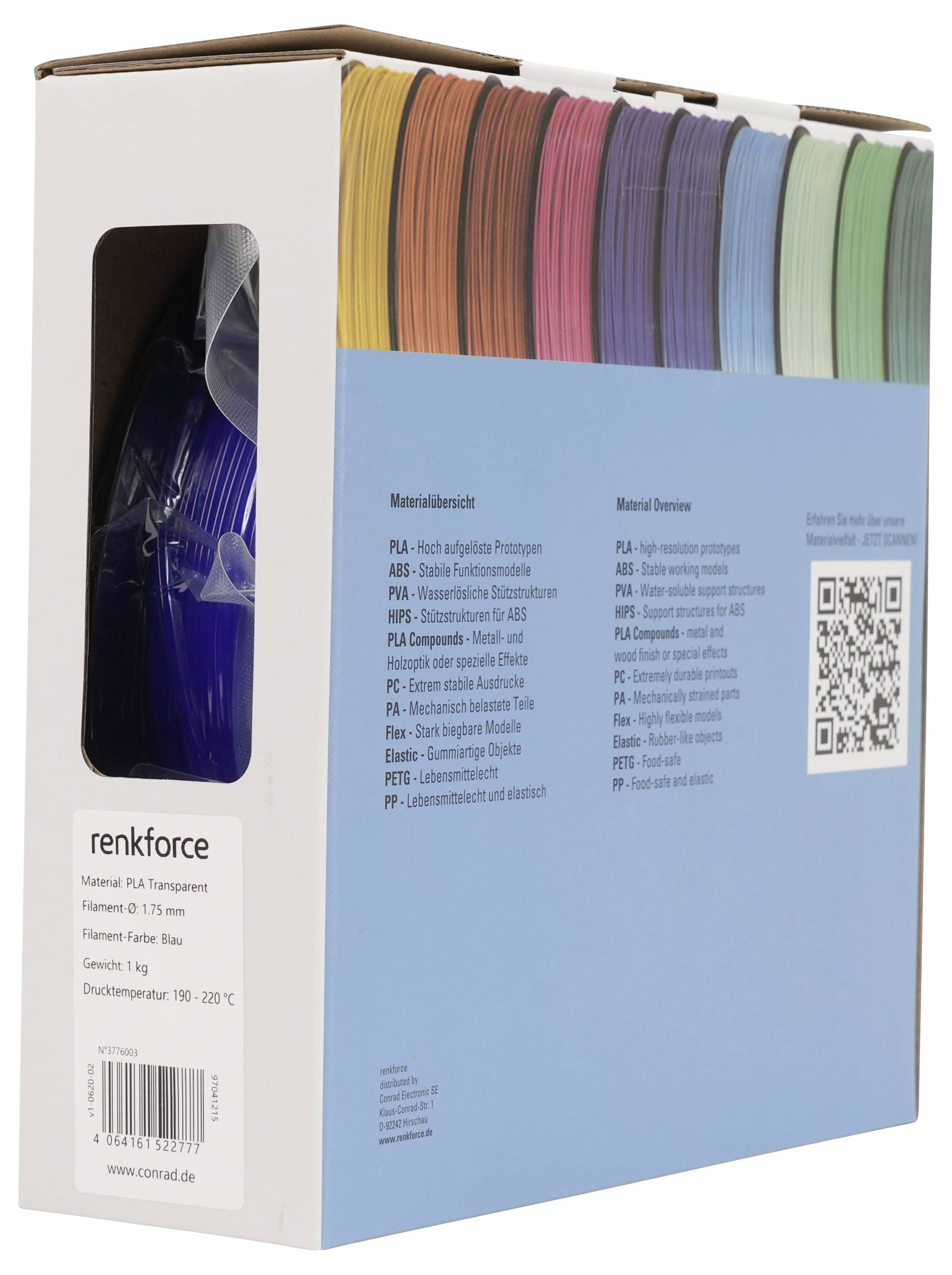 Verpackter Satz bunter 3D-Drucker-Filamentspulen mit der Bezeichnung „renkforce