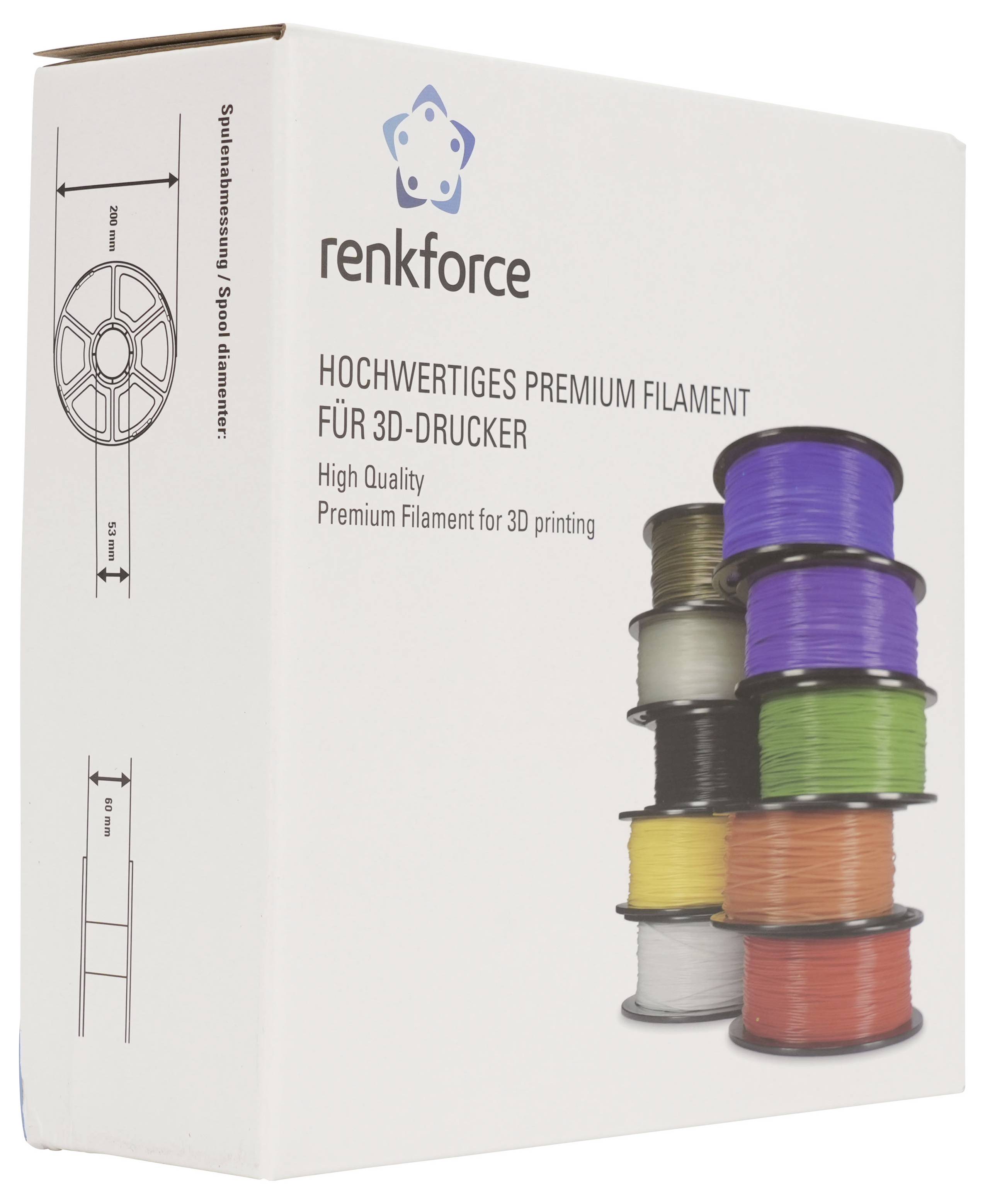 Weiße Renkforce 3D-Druckerfilament-Box mit Logo, deutschem Text 