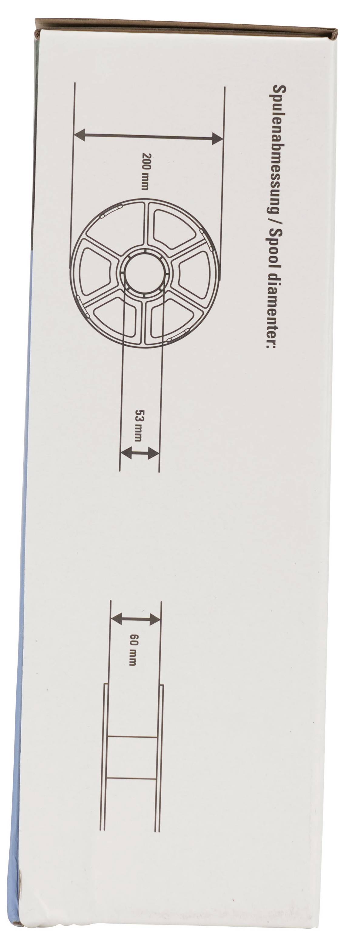 Verpackungsdiagramm, das eine Spulenrolle mit Abmessungen zeigt: Durchmesser 200 mm, Breite 50 mm und Beschriftung „Spulenabmessung / Spulendurchmesser