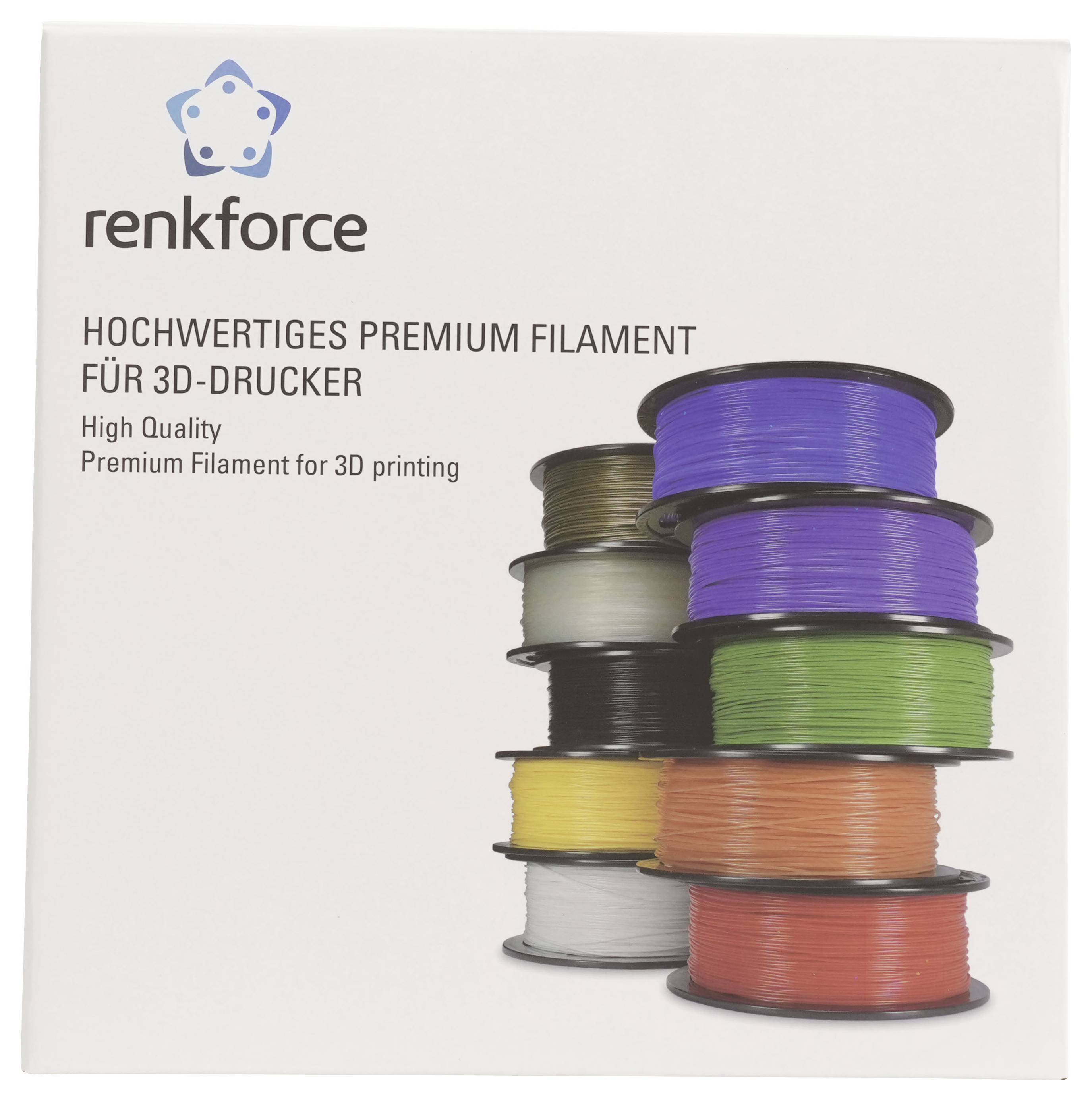 Karton mit Renkforce Premium-3D-Druckerfilament, das gestapelte Spulen in mehreren Farben zeigt und den Text „Hochwertiges Premium Filament für 3D-Drucker