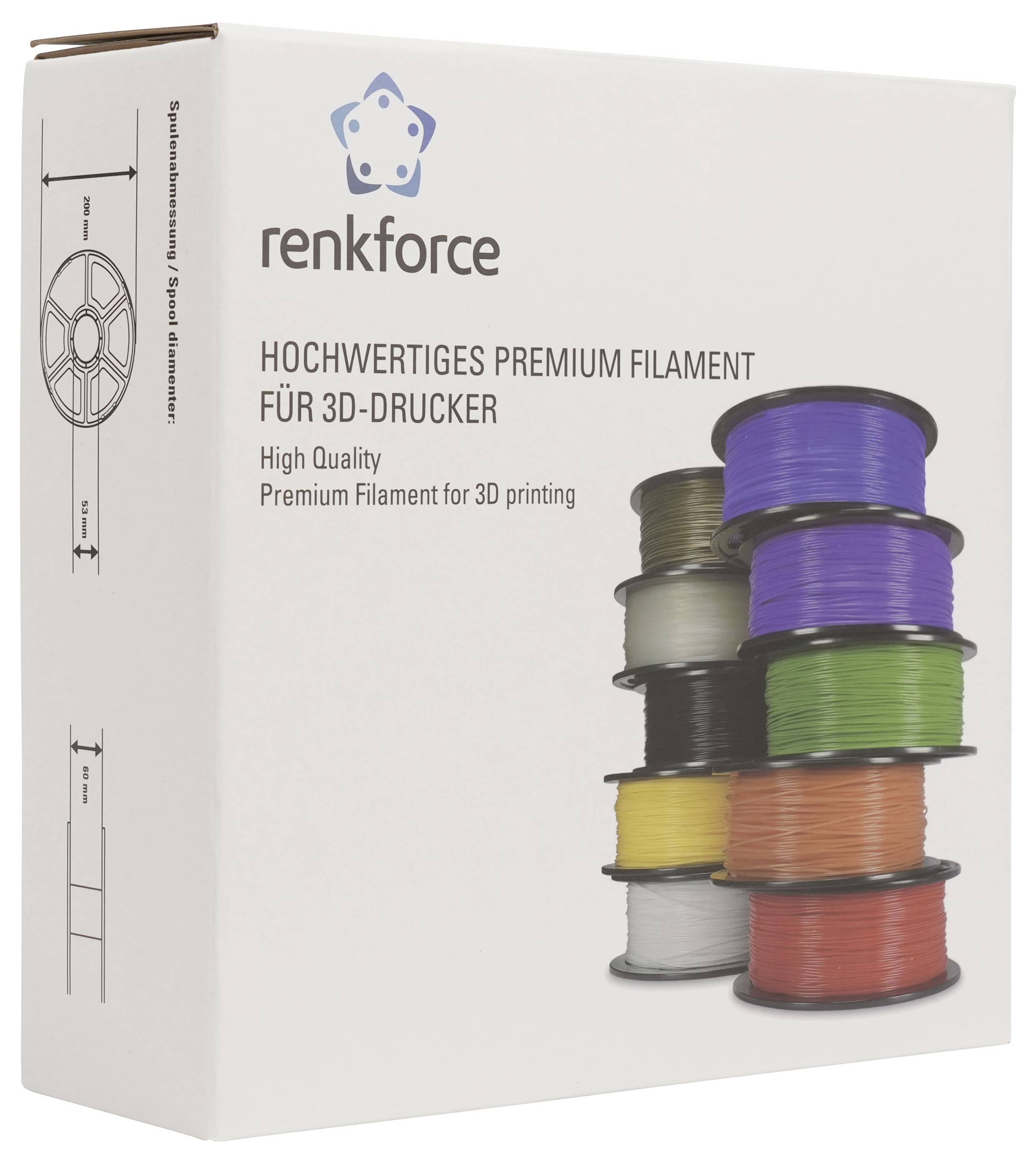Weiße Schachtel von Renkforce Hochleistungs-Premiumfilament für 3D-Drucker, mit gestapelten Spulen in mehreren Farben und deutschem/englischem Produkttext.