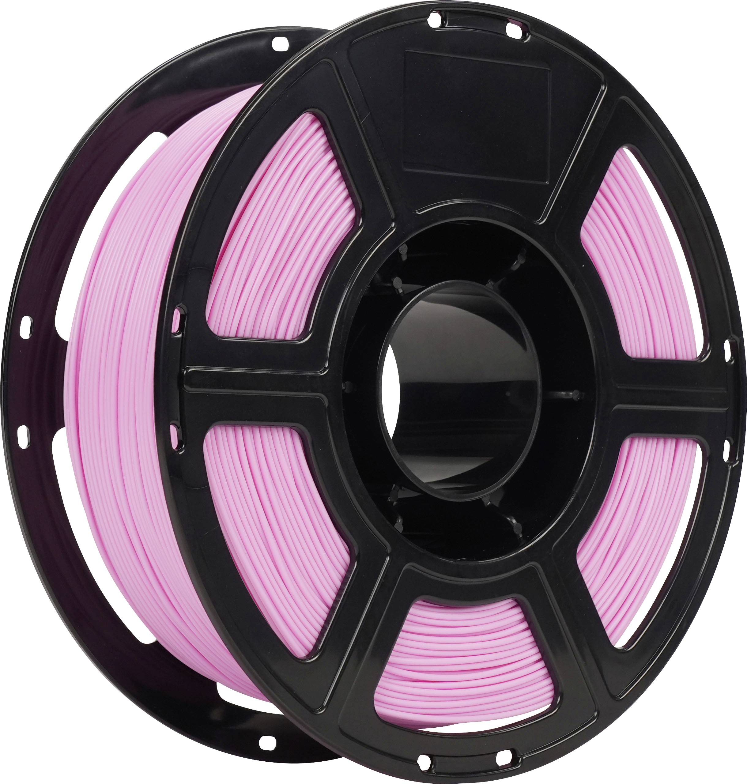 Spule mit rosa 3D-Druckerfaden auf einer schwarzen Spule, vor weißem Hintergrund abgebildet.