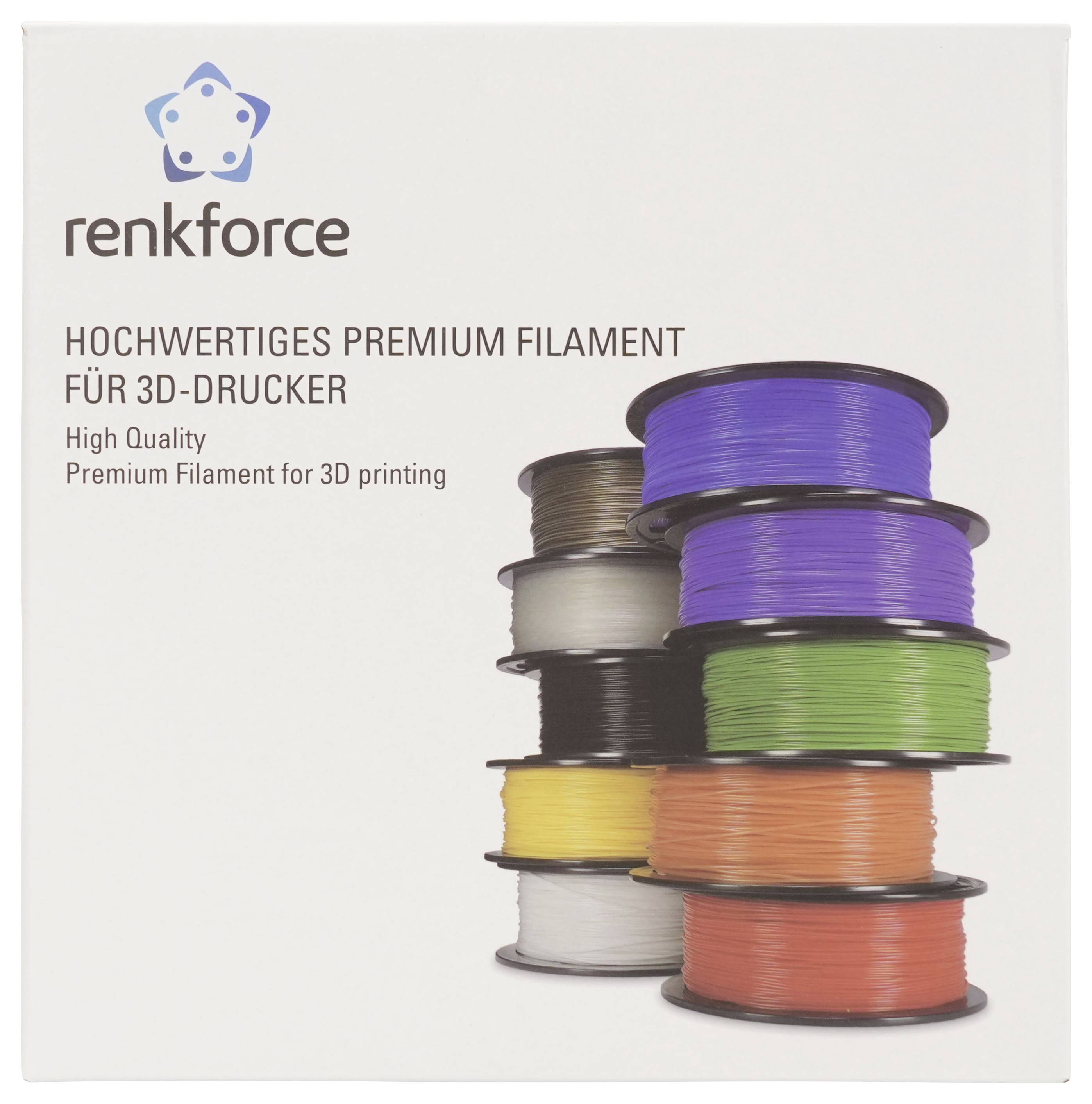 Renkforce Premium-3D-Druckfilament-Verpackung mit gestapelten Spulen in mehreren Farben und dem Text „HOCHWERTIGES PREMIUM FILAMENT FÜR 3D-DRUCKER