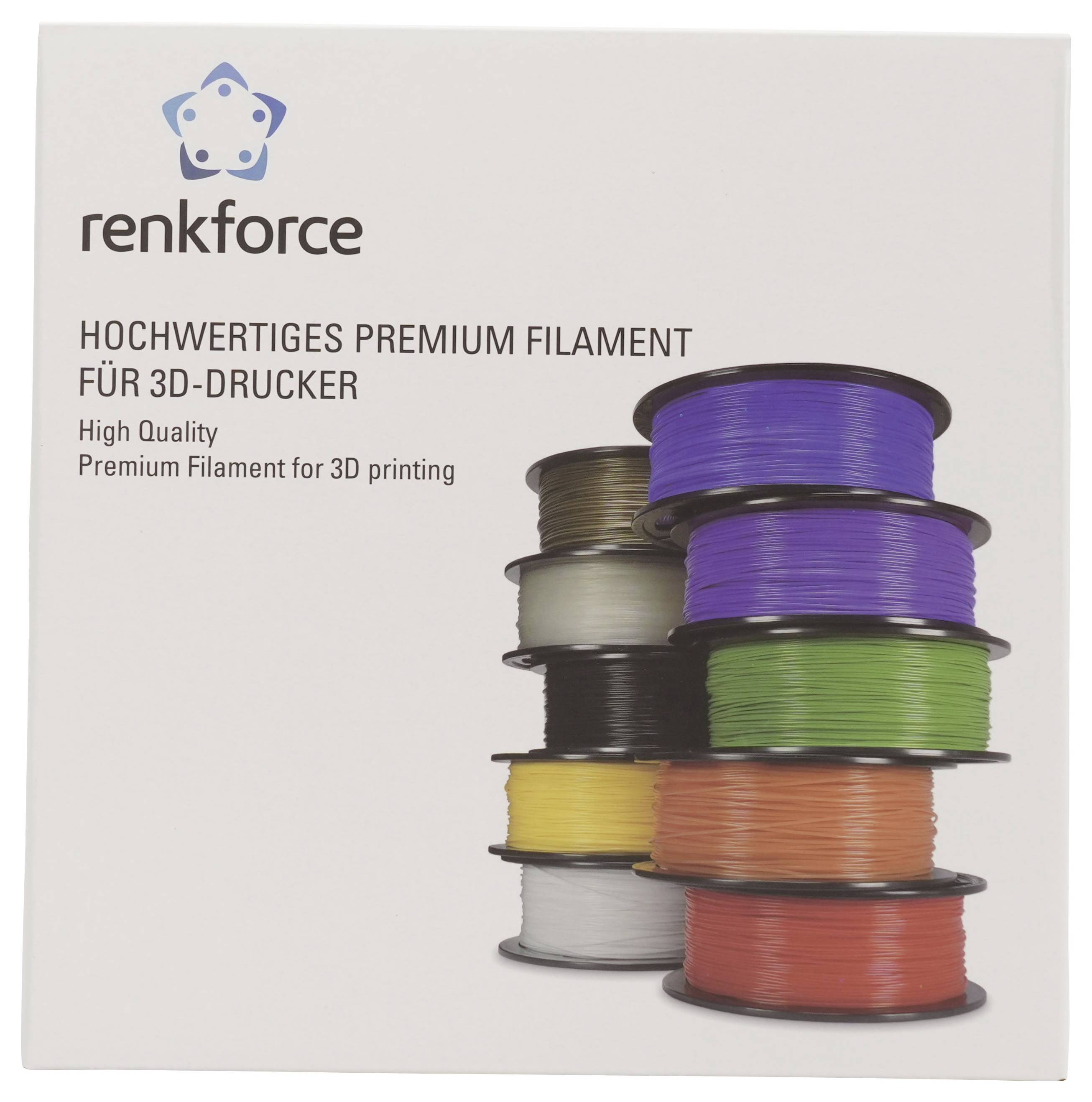 Verpackung für renkforce premium 3D-Drucker-Filament, das mehrfarbige Filamentspulen und den Text „Hochwertige Premium-Filament für 3D-Druck