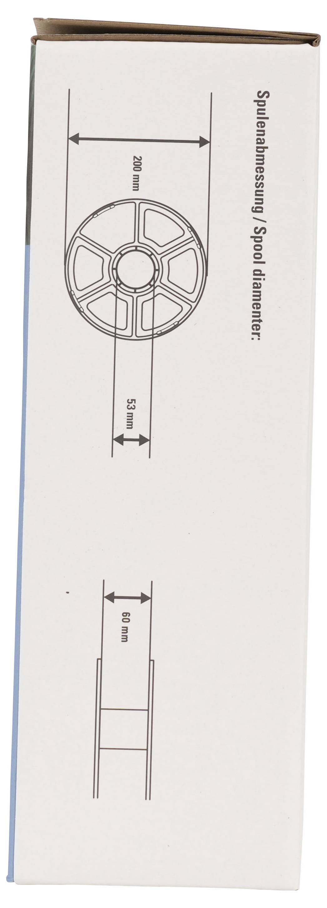 Kastenschema zeigt Spulenabmessungen: 250 mm Hauptradgröße, 25 mm Nabbrenite und 60 mm Rollbreite, gekennzeichnet als 