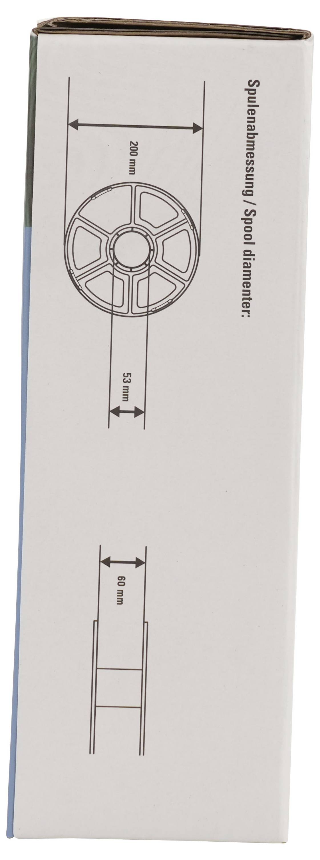 Kiste mit einer technischen Strichzeichnung einer Spule/Rolle, beschriftet mit „Spulendurchmesser