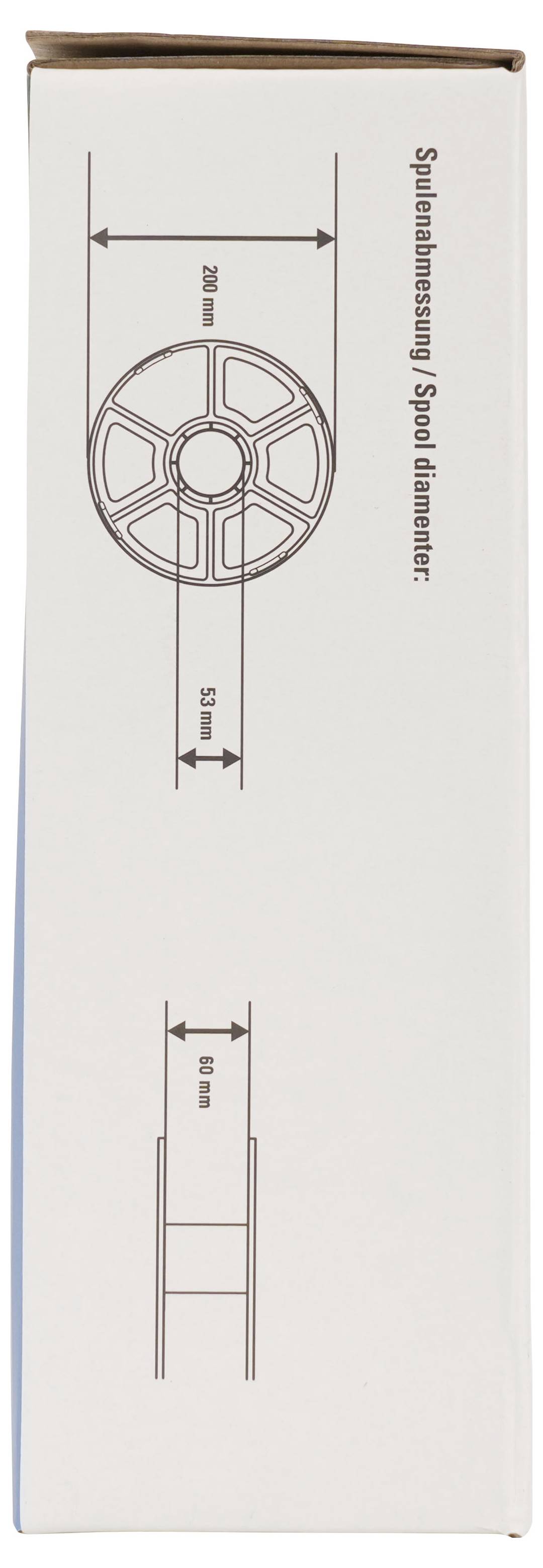 Verpackungsdiagramm mit einer Spulhalter-Größentabelle, mit Front- und Seitenansichten mit den Bezeichnungen „Spreizbefestigung / Spulendurchmesser