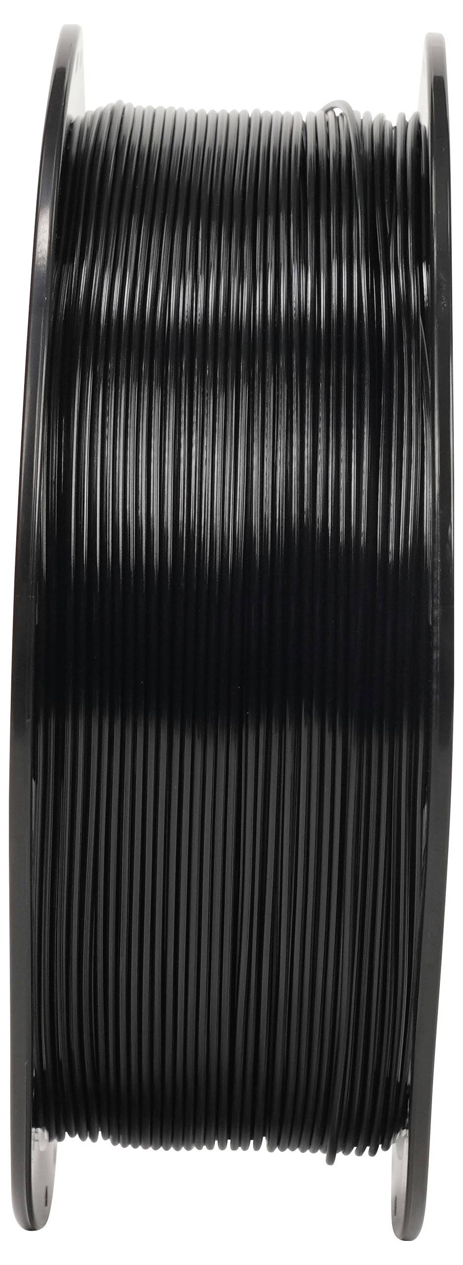 Eine Spule mit schwarzem Filament oder Kabel, das fest auf eine Rolle gewickelt ist, gezeigt vor weißem Hintergrund.