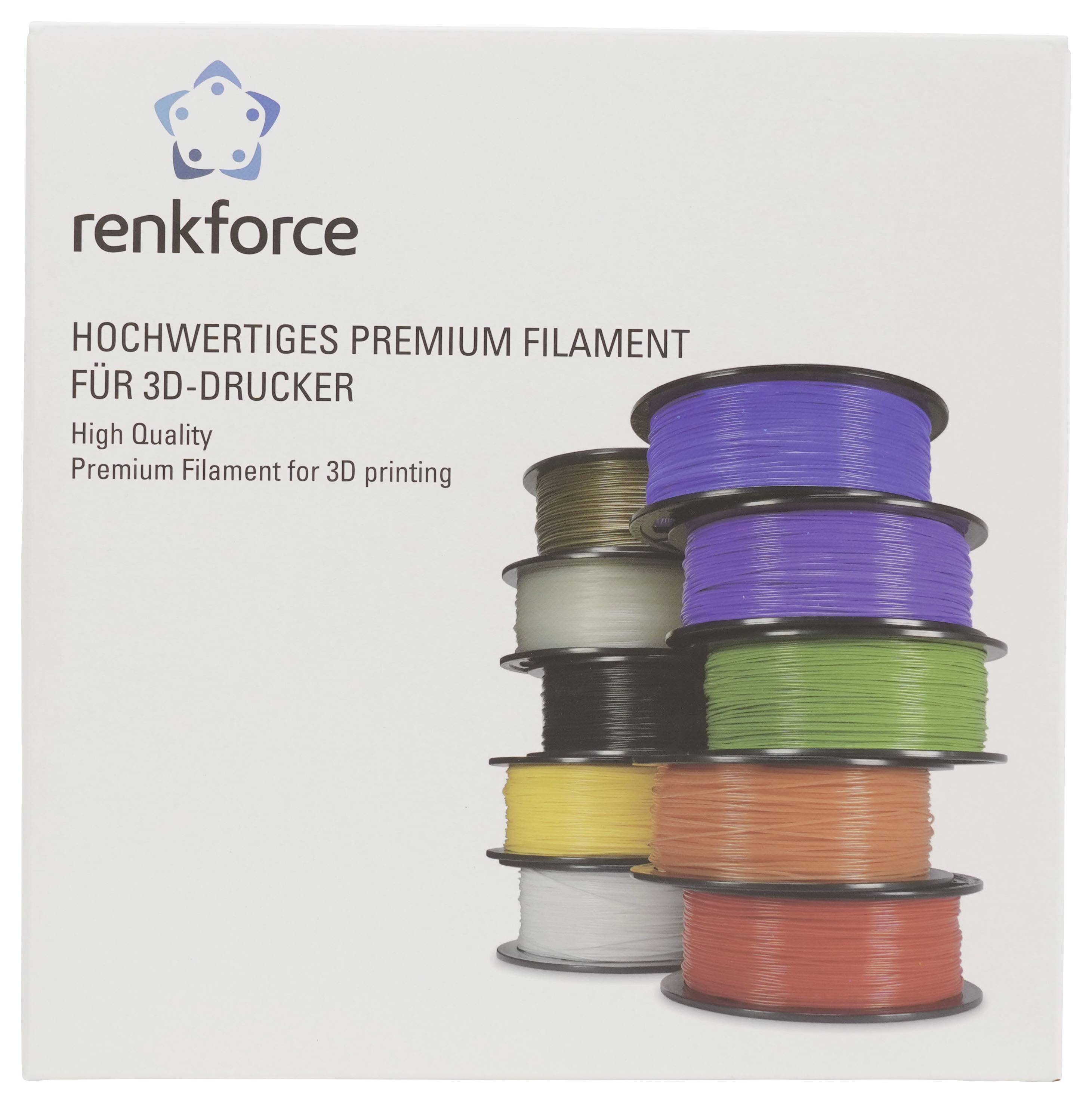 Renkforce Premium-3D-Drucker-Filament-Verpackung mit gestapelten Spulen in mehreren Farben und deutschem Text „Hochwertiges Premium-Filament für 3D-Drucker