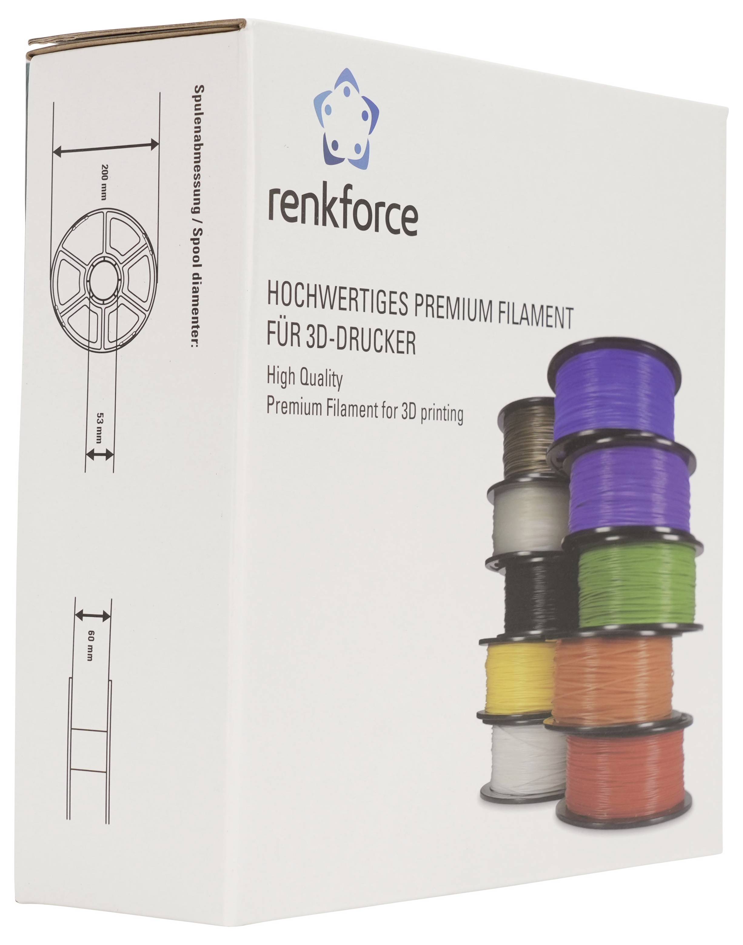 Schachtel mit Renkforce Premium-Filament für 3D-Drucker, gekennzeichnet mit „HOCHWERTIGES PREMIUM FILAMENT FÜR 3D-DRUCKER