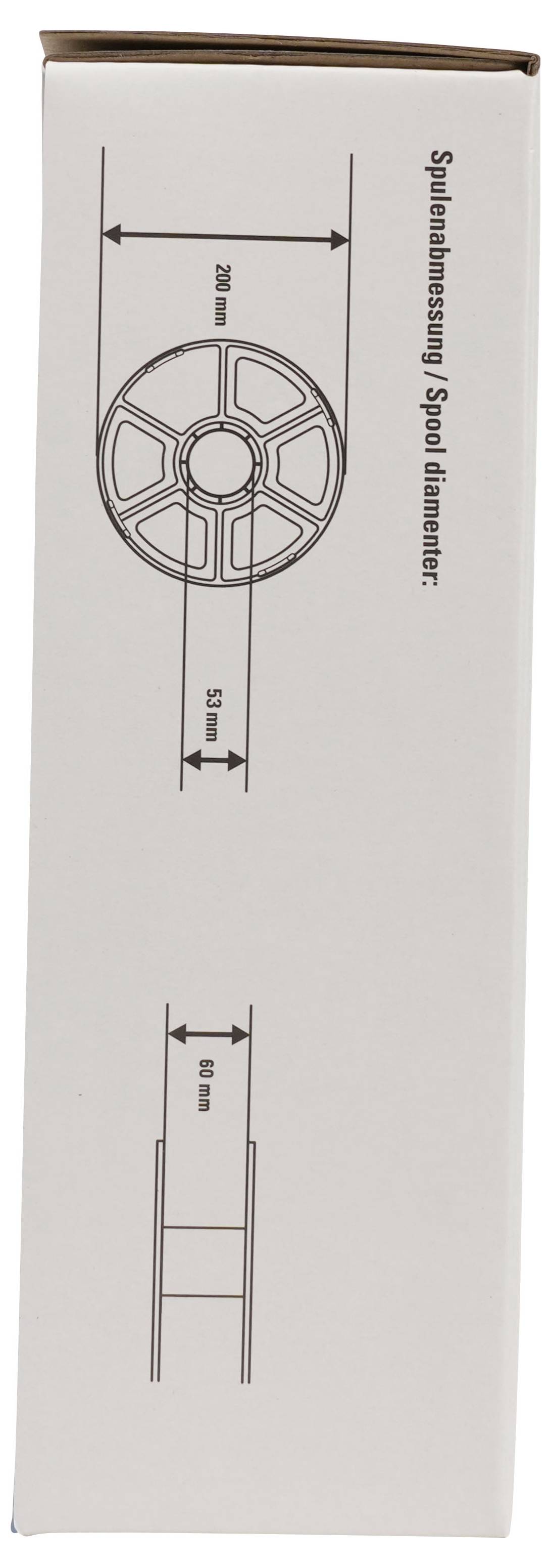 Paketdiagramm mit einer Spulendurchmesser von 280 mm, Breite 55 mm und Kerndurchmesser 60 mm, beschriftet mit „Spulenabmessung / Spulendurchmesser