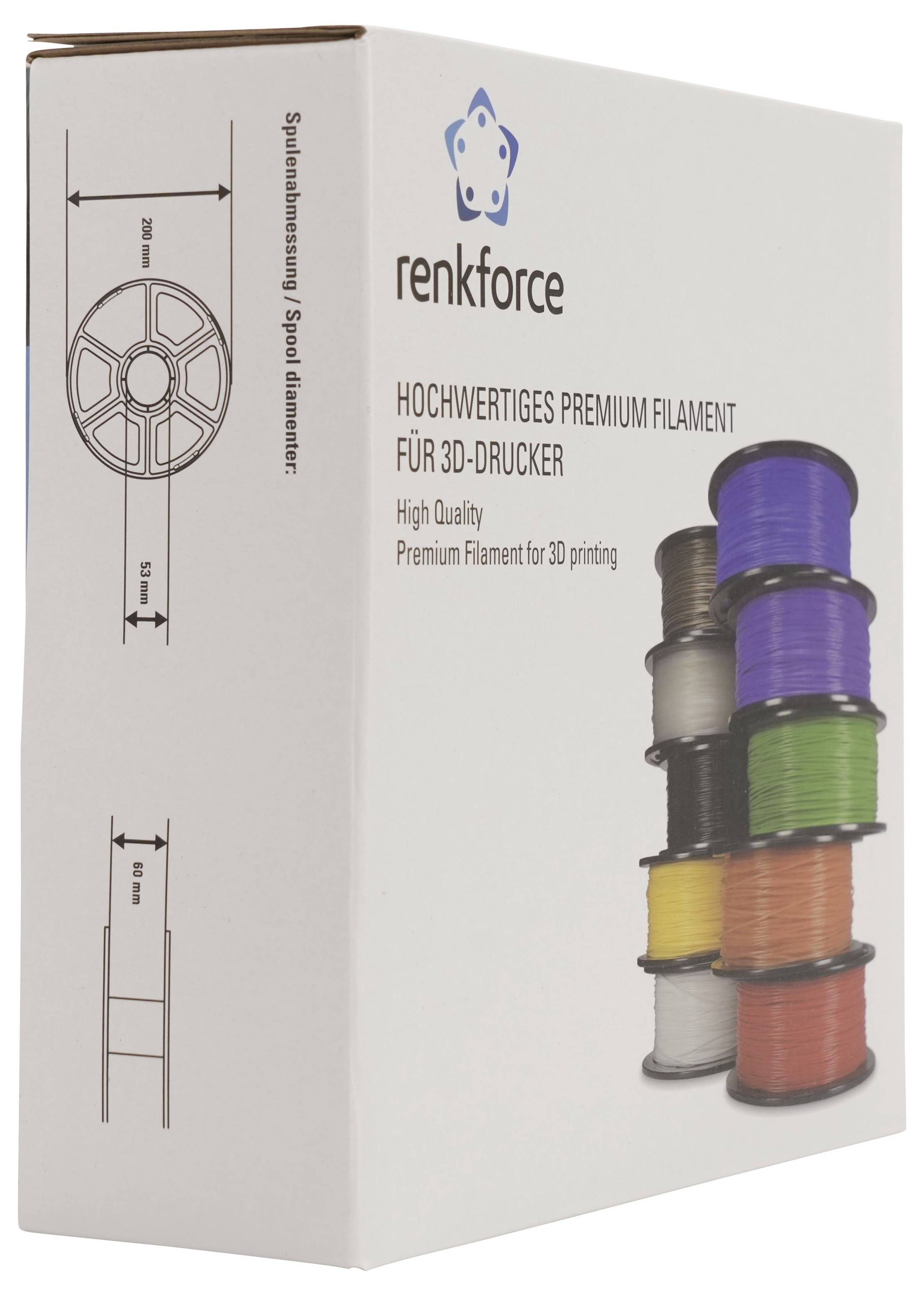 Karton mit Renkforce-Premium-Filament für 3D-Drucker, mit der Aufschrift „HOCHWERTIGES PREMIUM FILAMENT FÜR 3D-DRUCKER