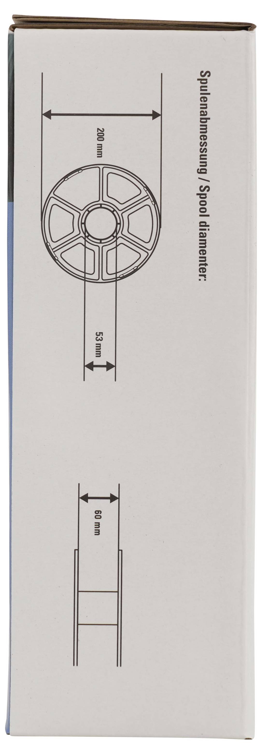 Seitenansicht einer Box mit Spulenabmessungen und Platzierungsdiagrammen, gekennzeichnet mit „Spulenabmessung / Spulendurchmesser