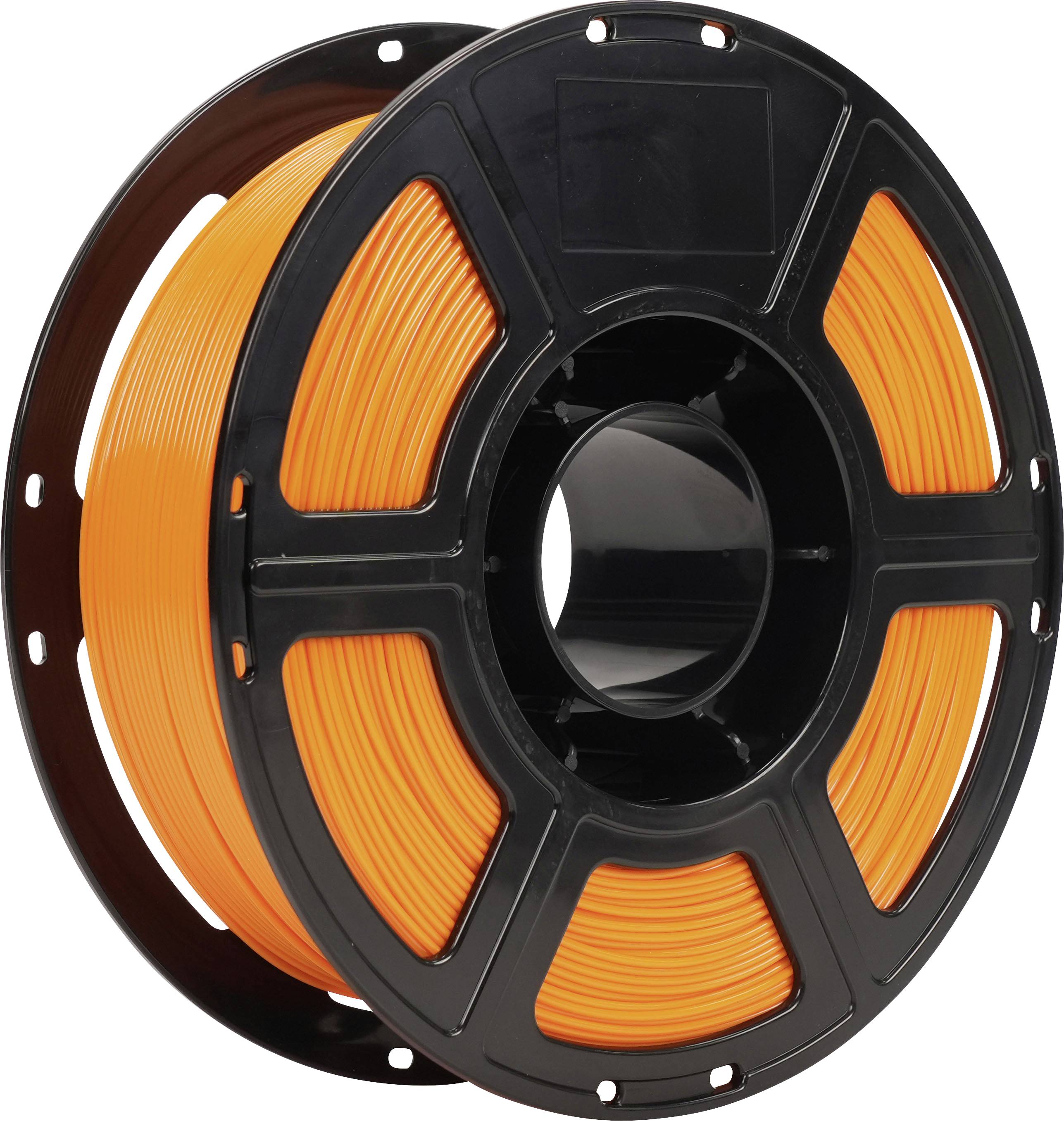 Spule mit orangefarbenem 3D-Drucker-Filament auf einer schwarzen Spule, gezeigt vor weißem Hintergrund.