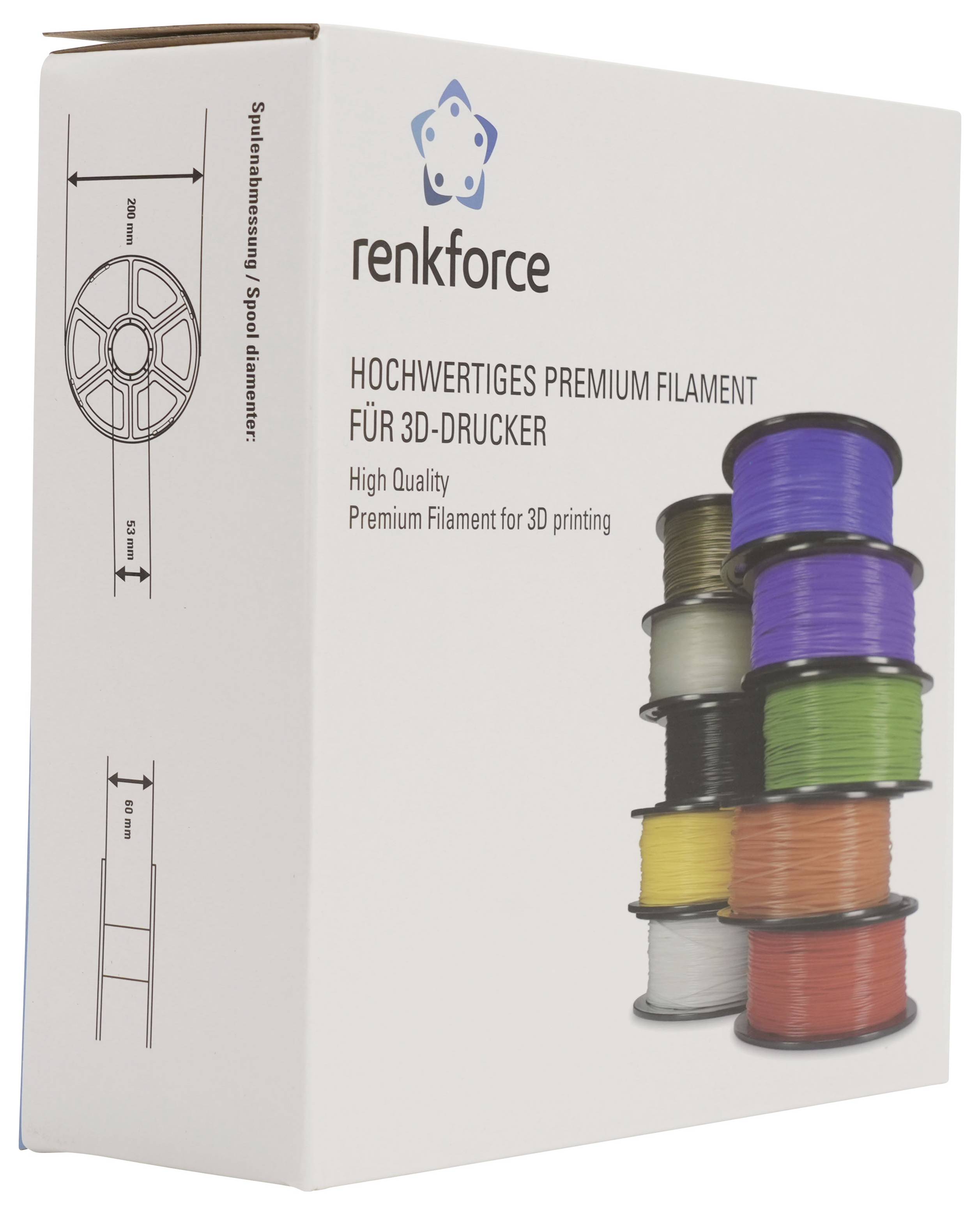 Verstärkungsbox aus hochwertigem 3D-Drucker-Filament-Spulen, beschriftet mit „Hochwertiges Premium Filament für 3D-Drucker