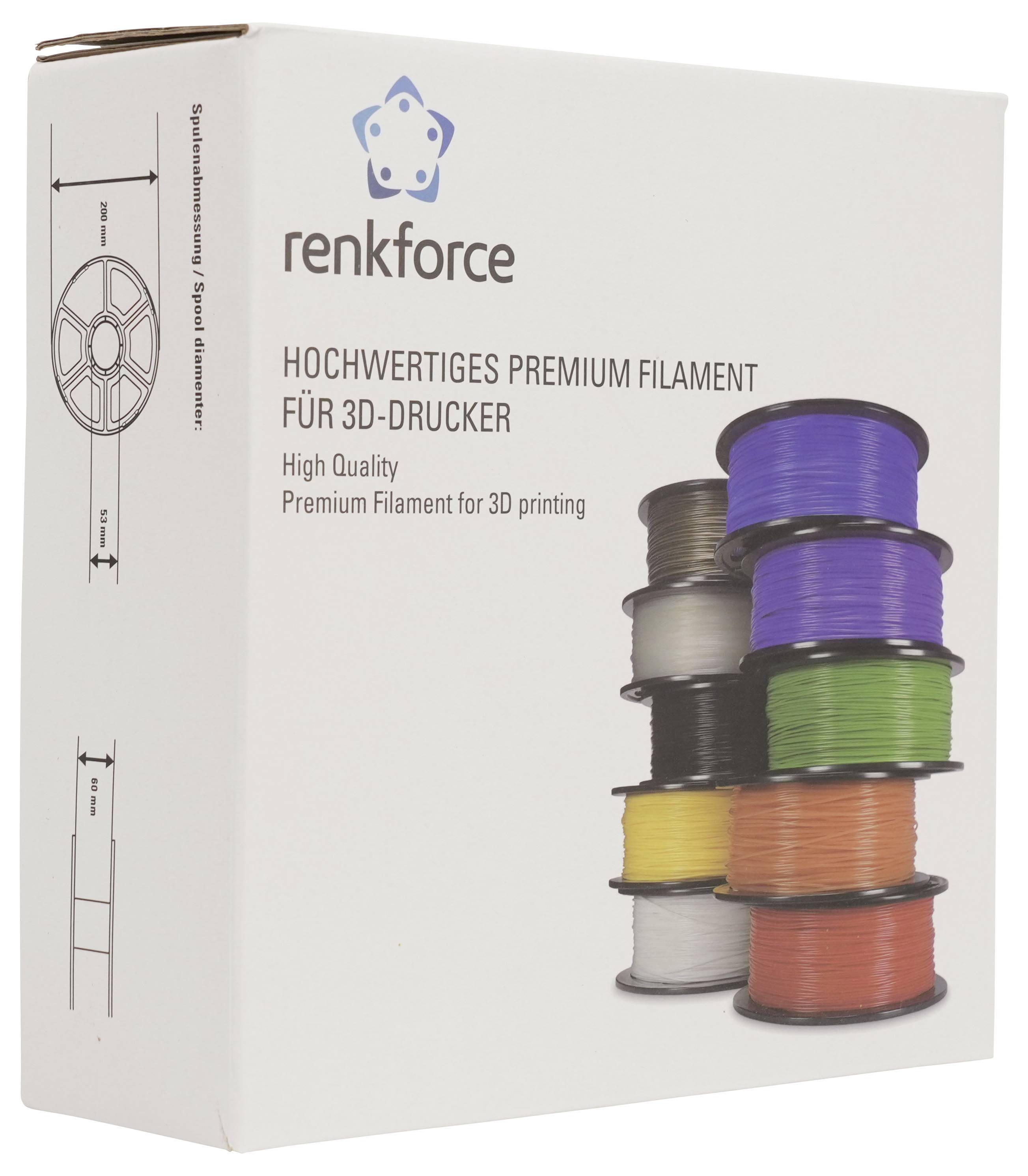 Renkforce Premium 3D-Drucker-Filament-Box mit gestapelten Spulen-Illustration und Text „Hochwertiges Premium-Filament zum 3D-Drucken