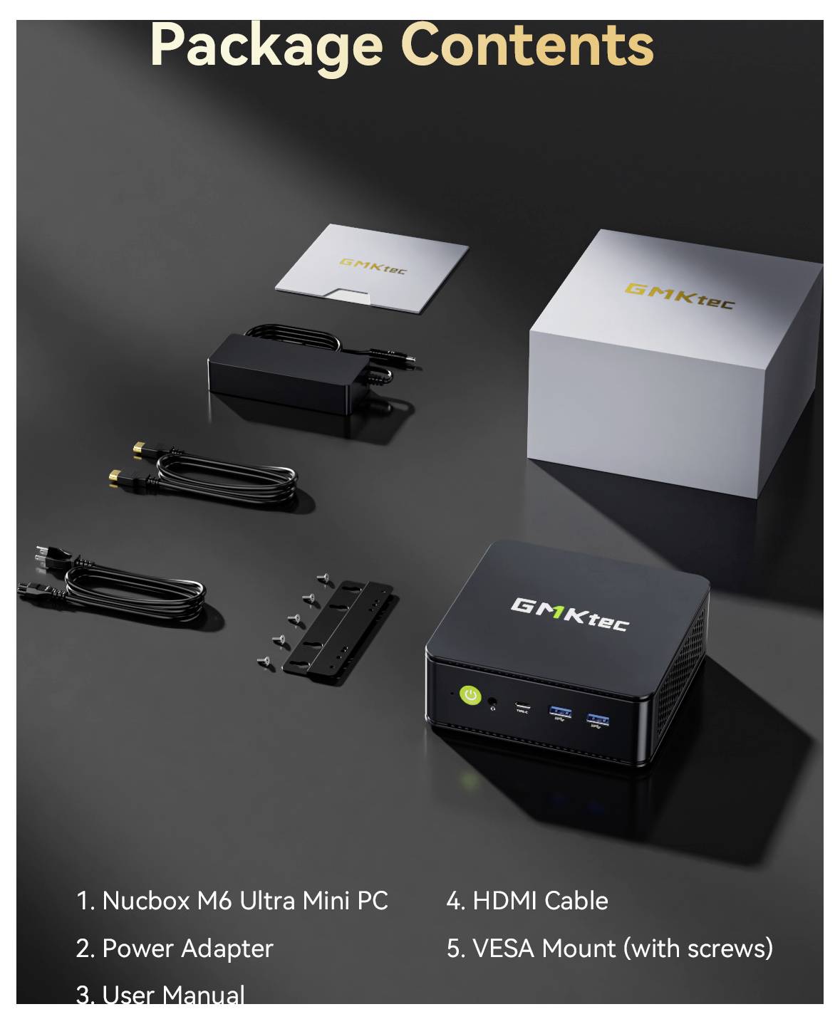 Paketinhalt: Nucbox M6 Ultra Mini-PC, Netzteil, Benutzerhandbuch, HDMI-Kabel und VESA-Halterung mit Schrauben.