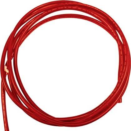 Aufgerolltes rotes Kabel oder Schlauch auf weißem Hintergrund.