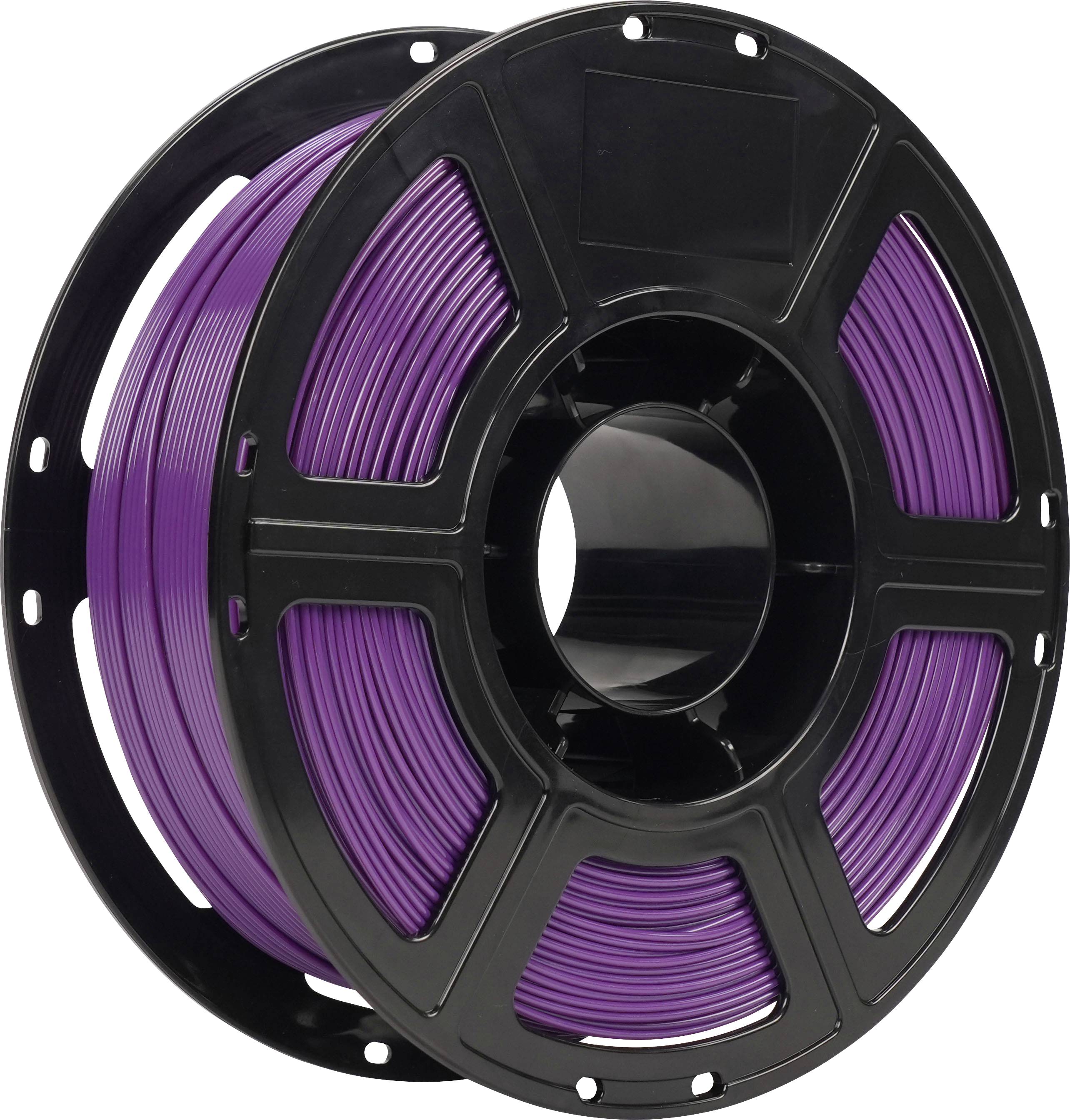 Spule mit violettem 3D-Druckfilament auf einer schwarzen Spule, gezeigt vor weißem Hintergrund.
