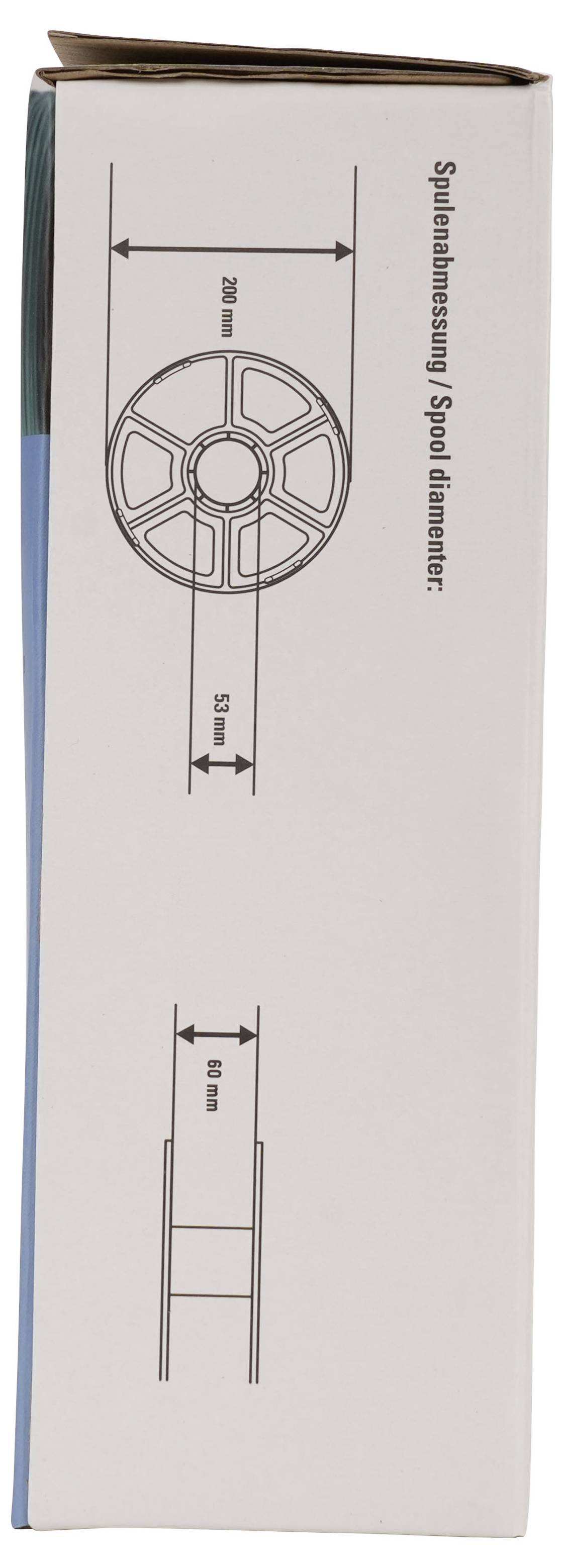Seitenansicht eines Produktkartons mit einem Spulendiagramm mit der Bezeichnung „Spulenabmessung / Spulendurchmesser