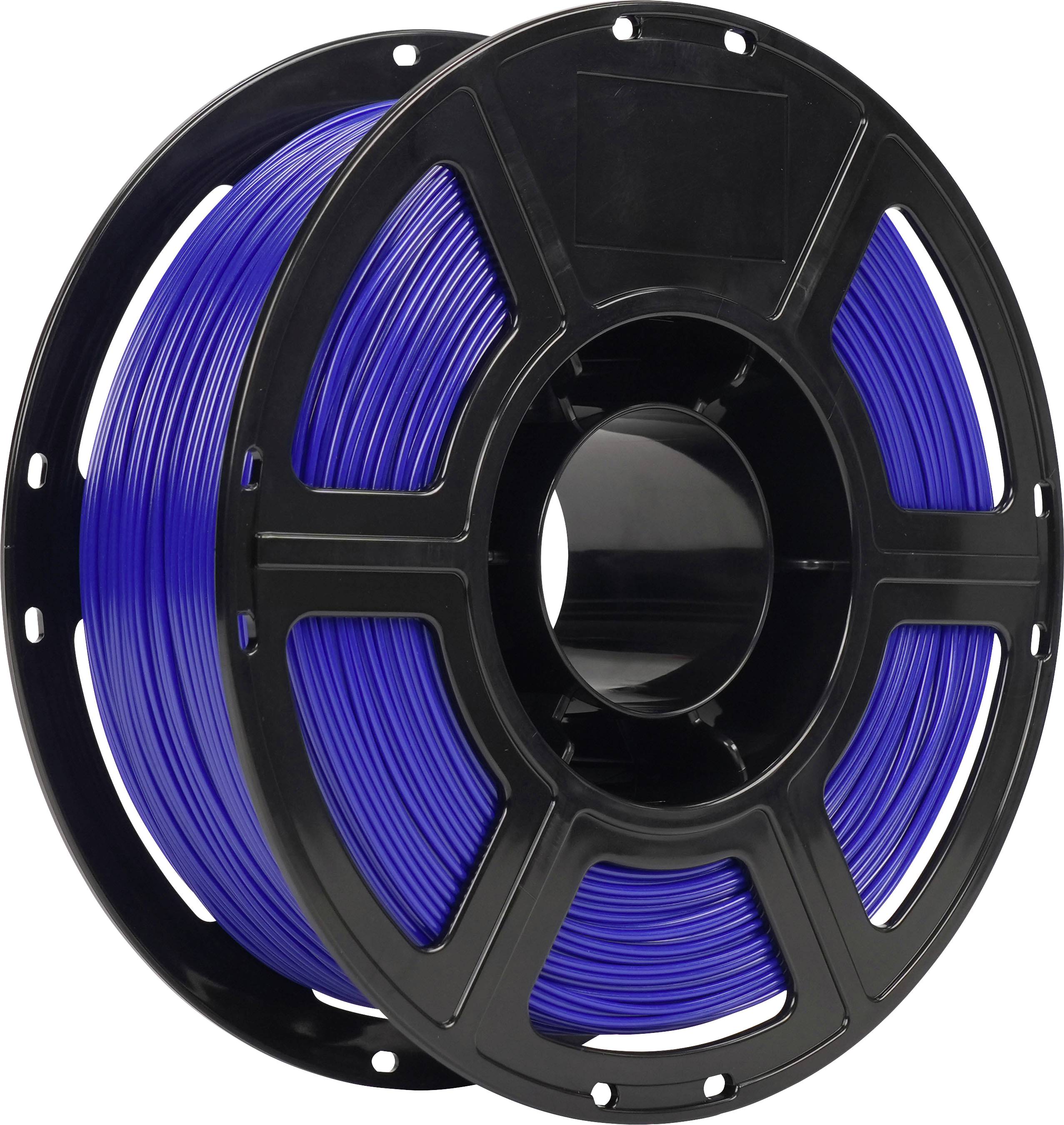 Spule mit blauem 3D-Druckfilament auf einer schwarzen Spule, isoliert auf weißem Hintergrund.