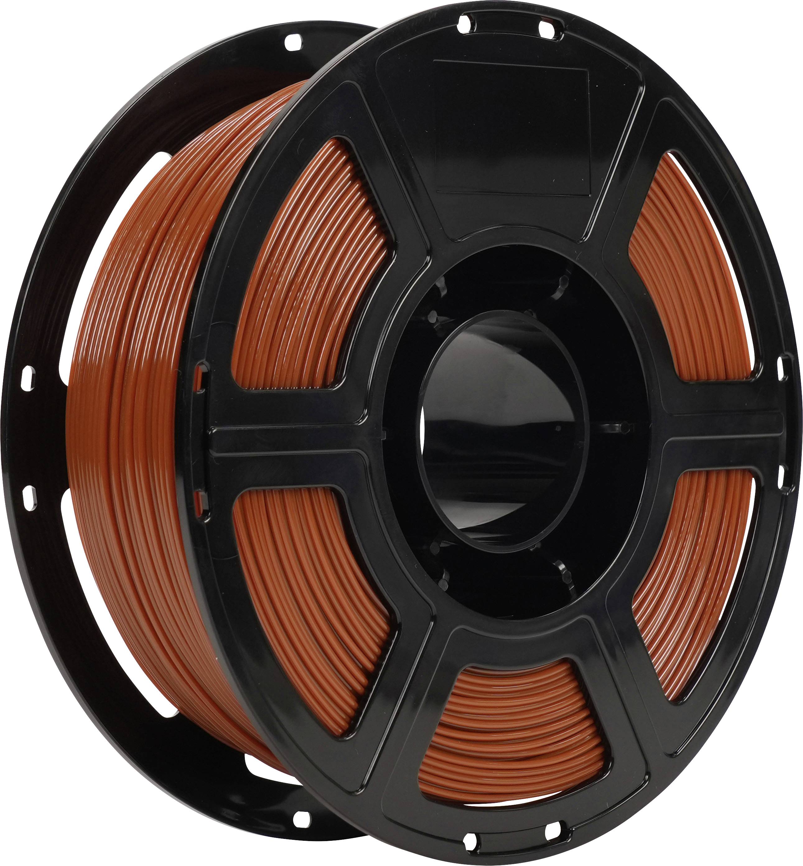 Spule mit orangem 3D-Druckfilament auf einer schwarzen Spule, isoliert auf weißem Hintergrund.