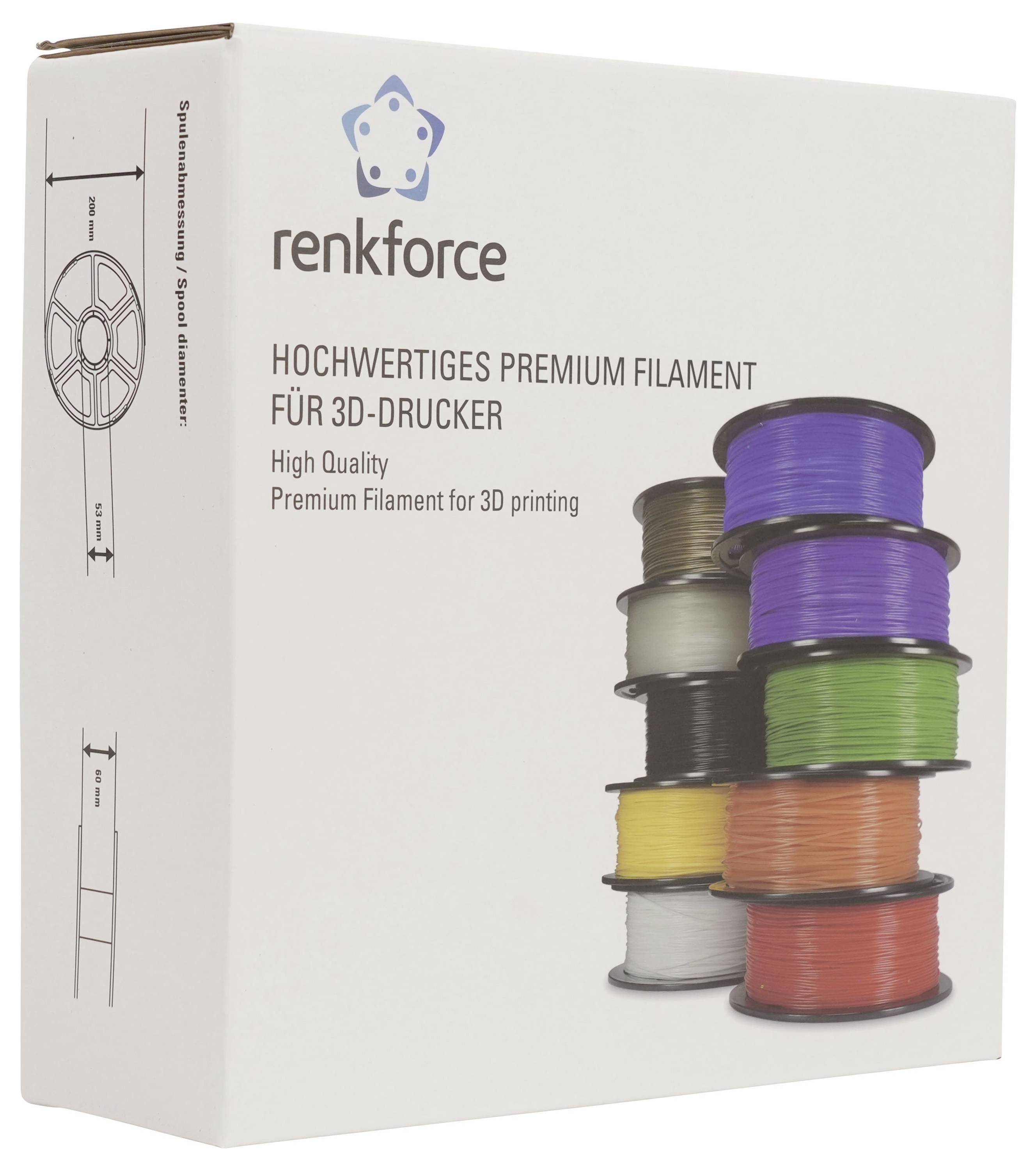 Schachtel mit Renkforce Premium-3D-Druckerfilament, mit gestapelten Spulen in mehreren Farben und dem Text „HOCHWERTIGES PREMIUM FILAMENT FÜR 3D-DRUCKER