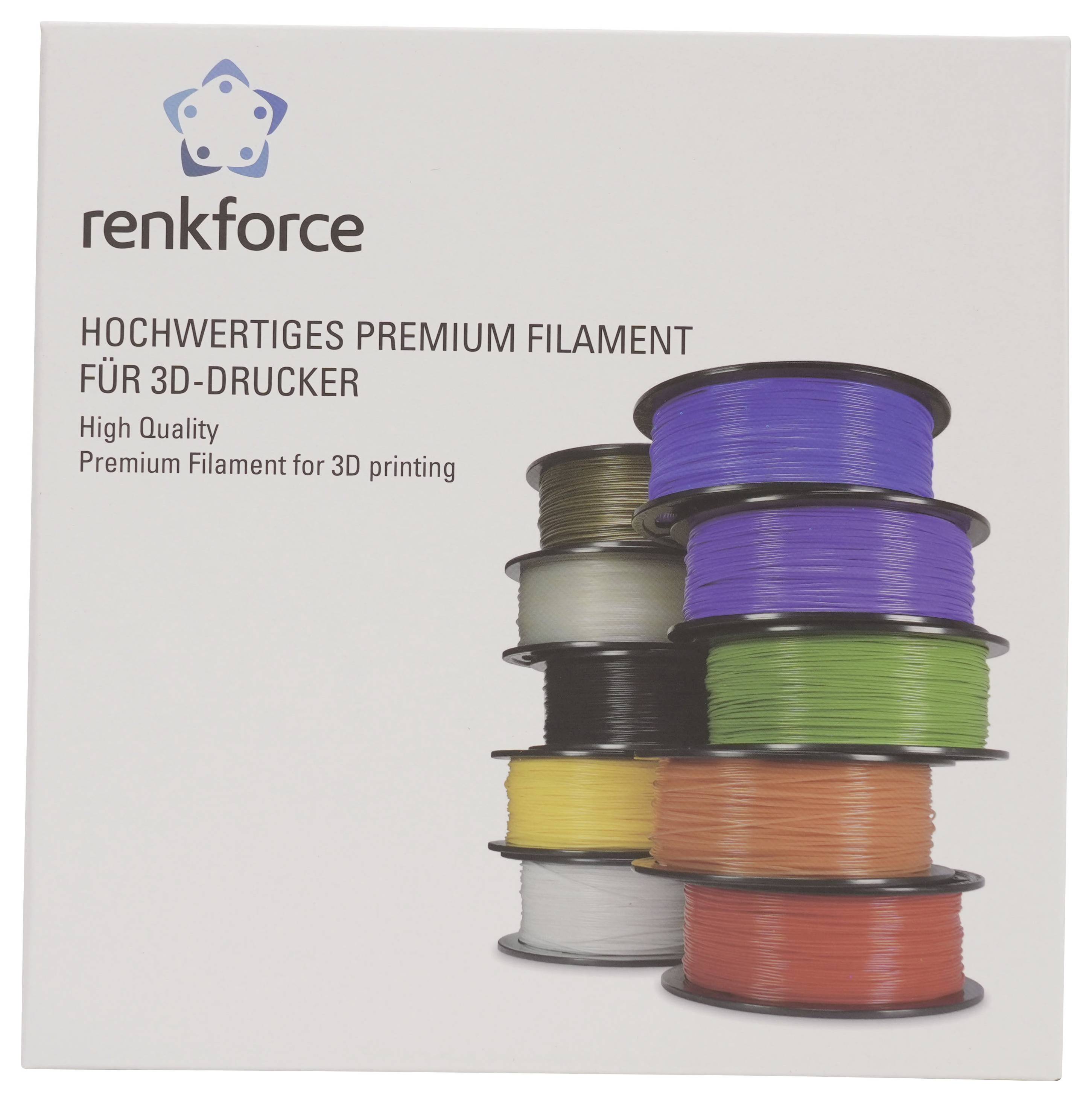 Renkforce 3D-Drucker-Filament-Verpackung mit gestapelten Spulen in mehreren Farben und Text „Hochwertiges Premium-Filament zum 3D-Druck