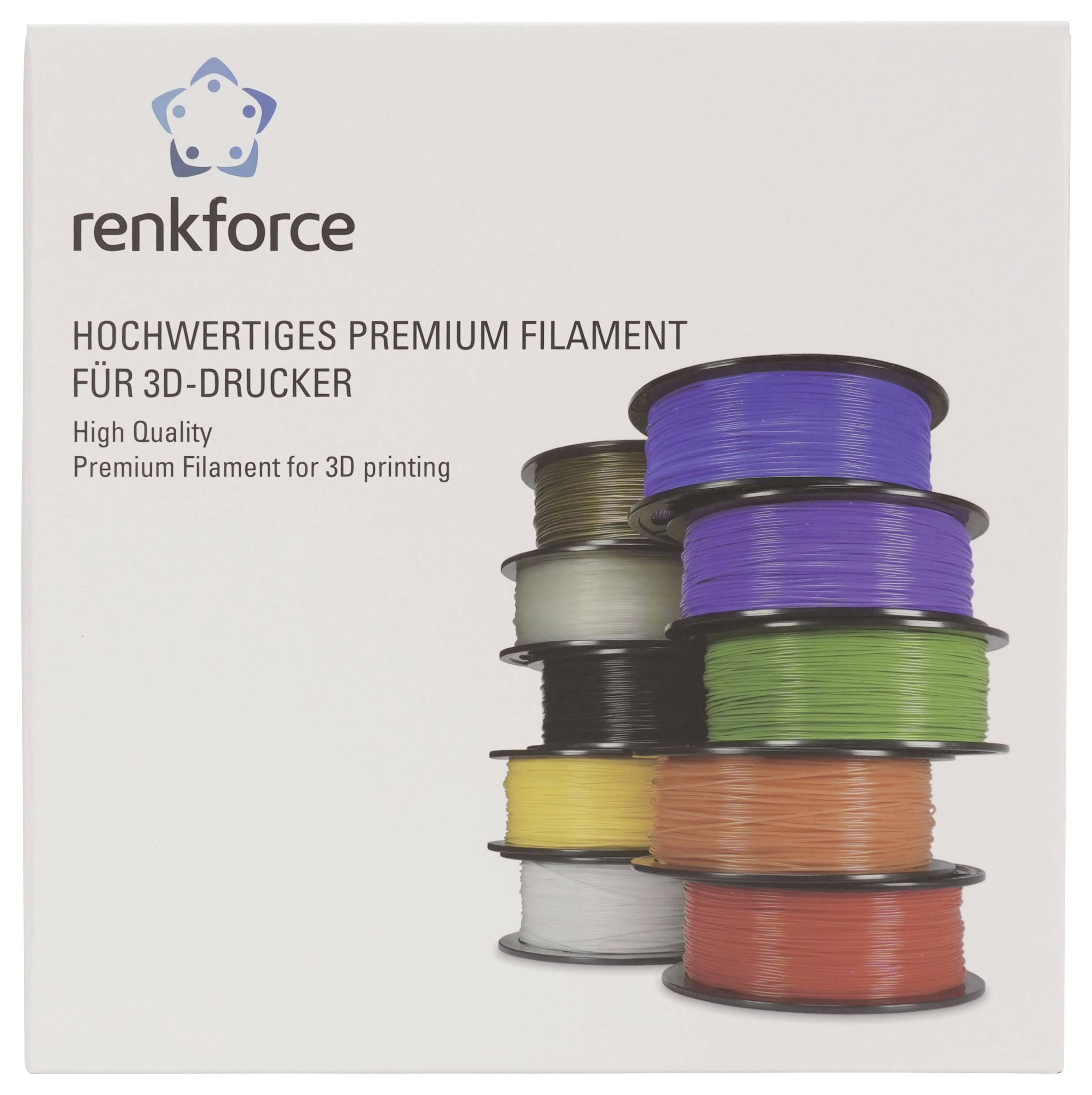 Renkforce Premium-3D-Drucker-Filament-Verpackung mit gestapelten Spulen in mehreren Farben und dem Text „Hochwertiges Premium-Filament zum 3D-Druck