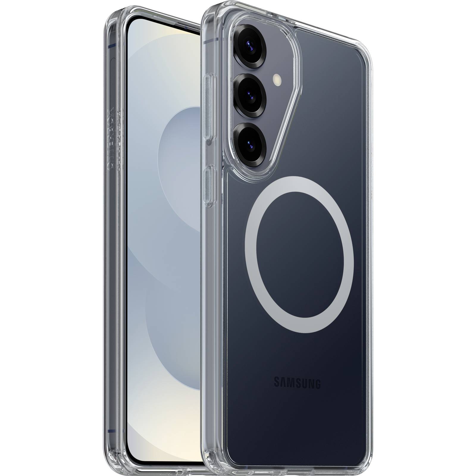 Zwei Samsung-Smartphones gezeigt von vorne und hinten in klaren Schutzhüllen, die das rückwärtige Triple-Kamera-Design und den kabellosen Ladekreis hervorheben.
