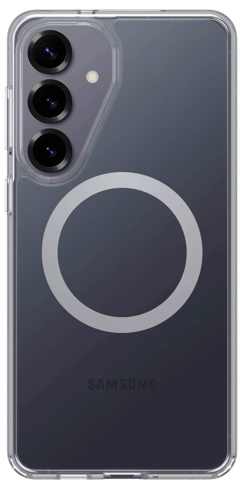 Durchsichtige Samsung-Handyhülle, die die Rückseite eines Samsung-Smartphones mit Dreifach-Kameras und einem großen kreisförmigen MagSafe-ähnlichen Ring zeigt.