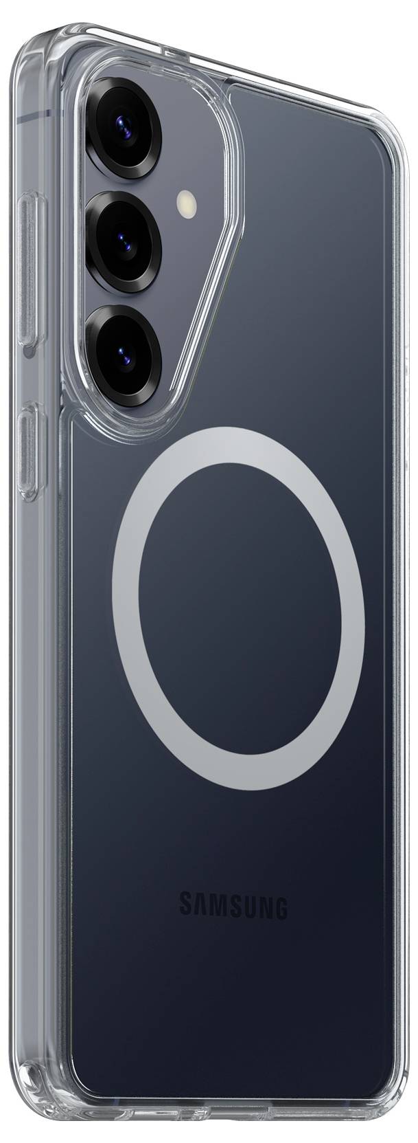 Transparente Samsung-Handyhülle auf einem dunklen Samsung-Smartphone, die die dreifache Rückkamera und den großen Magnetring auf der Rückseite zeigt.