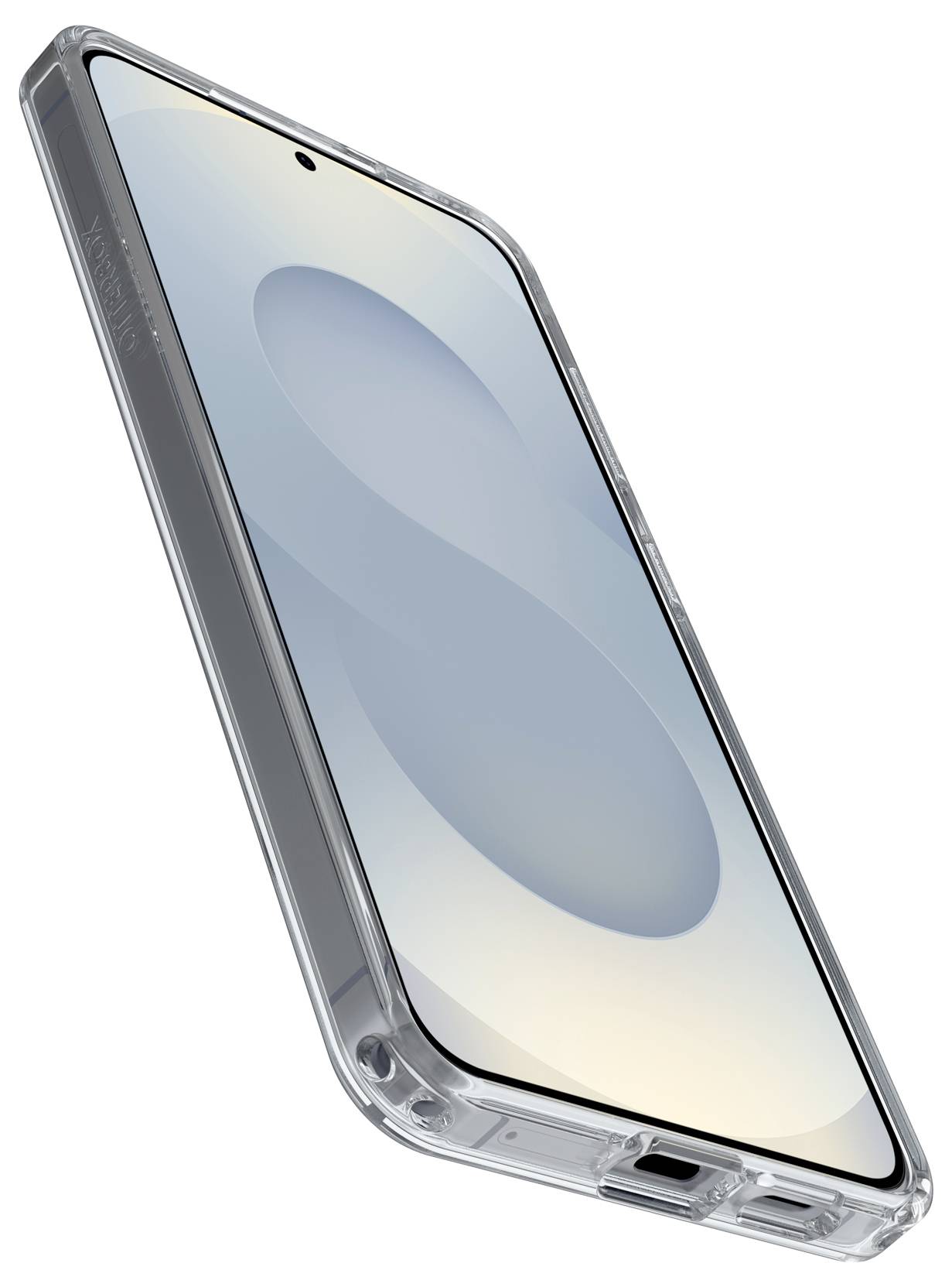 Ein Smartphone, das in einem durchsichtigen Schutzgehäuse in einem Winkel angezeigt wird, mit einem blassen abstrakten Hintergrundbild auf dem Bildschirm.