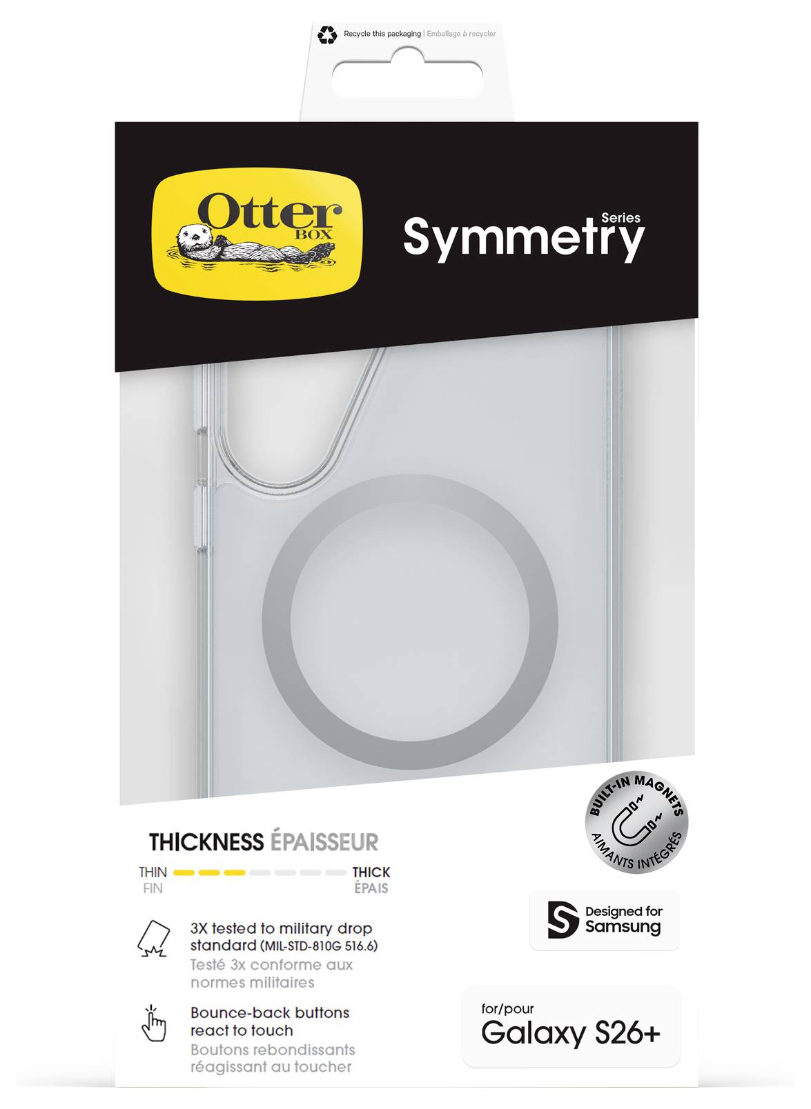 OtterBox Symmetry Series Handyhüllenverpackung für Galaxy S26+, mit einer dünnen, transparenten Hülle mit MagSafe-ähnlichem Ring und Ansprüchen auf militärischen Fallschutz.