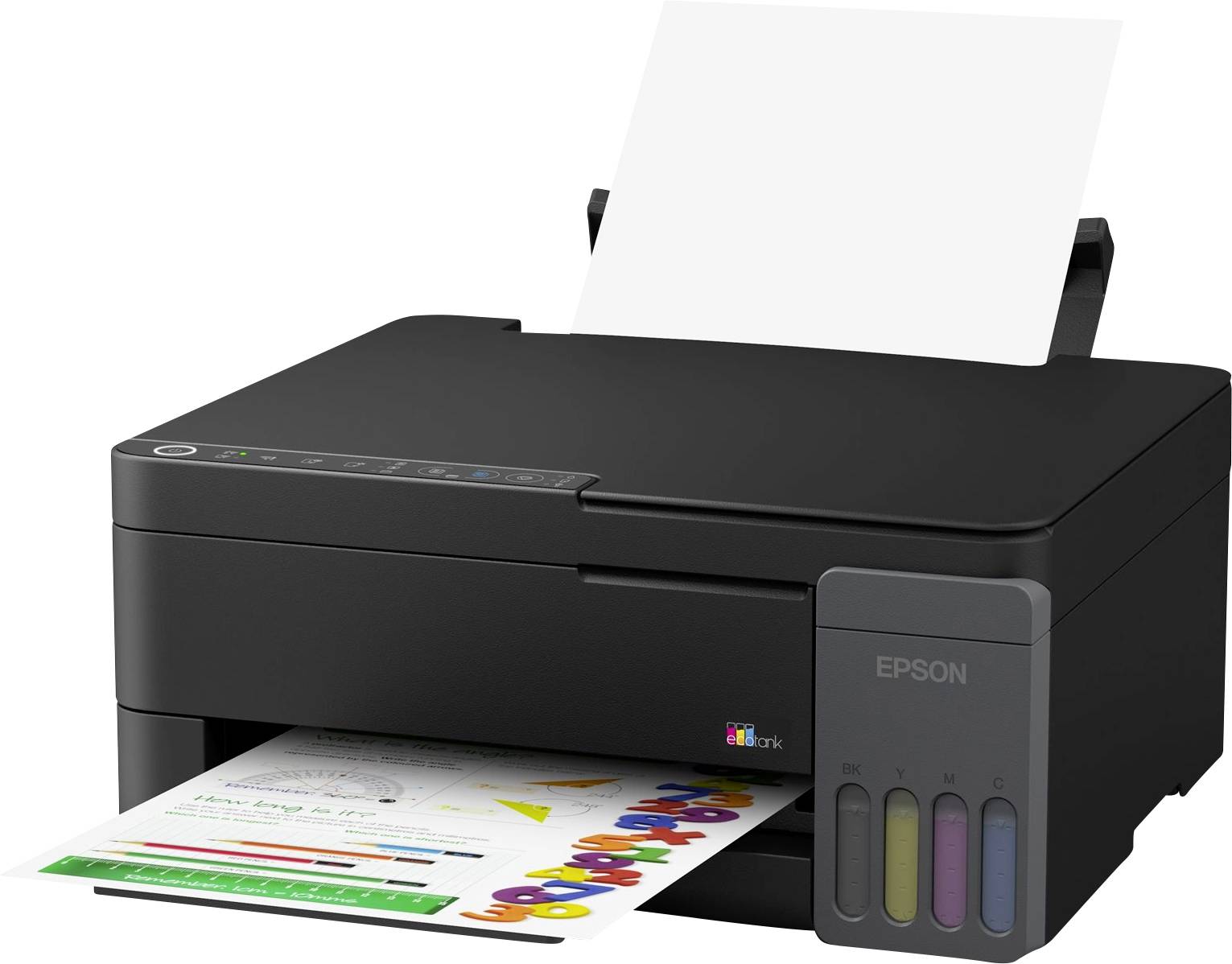 Schwarzer Epson InkTank-Drucker druckt eine farbige Seite, mit Papier in das hintere Fach geladen und sichtbare Tintenentanks an der Vorderseite.