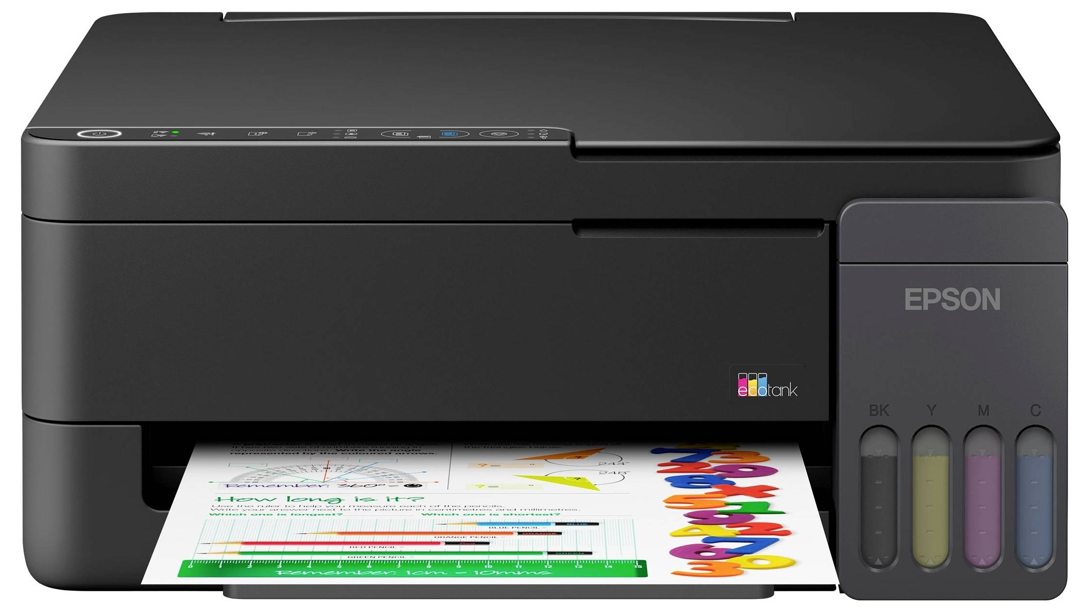 Schwarzer Epson-Tintentank-Drucker druckt ein Farbdokument, mit sichtbaren Nachfülltintenbehältern auf der rechten Seite.