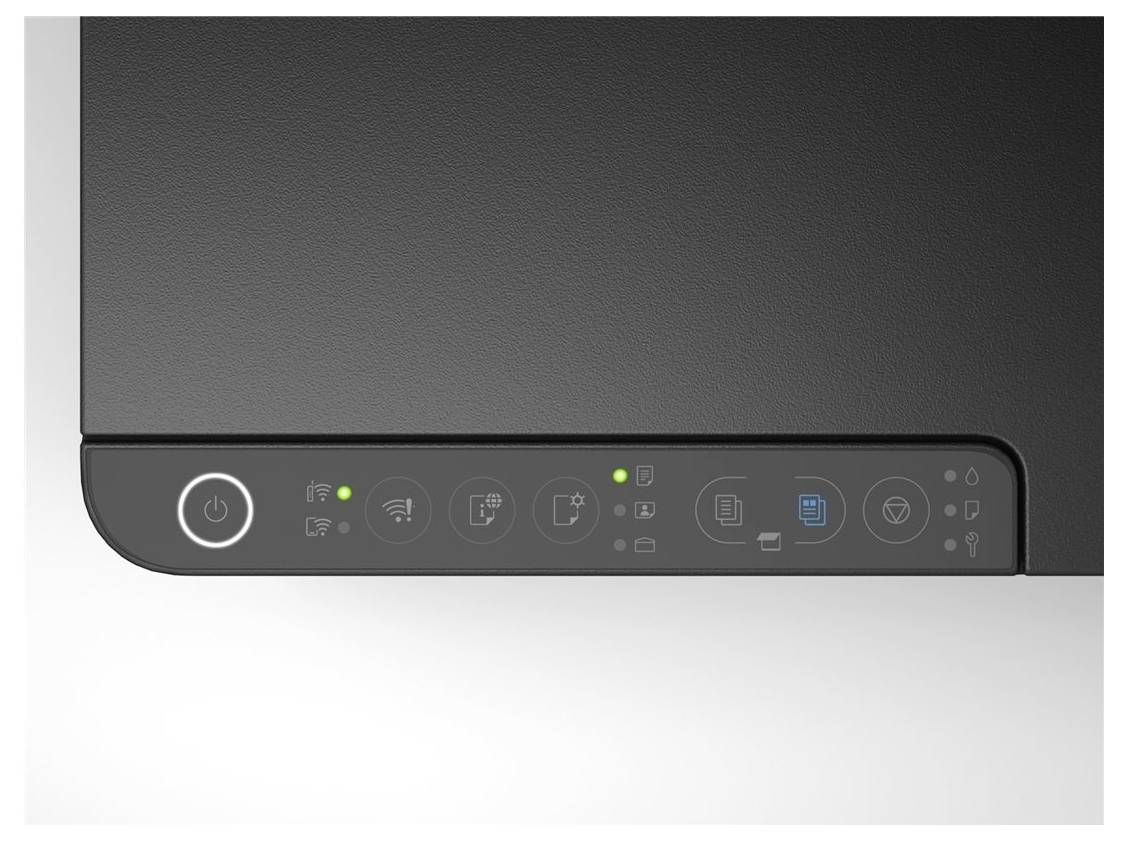 Nahaufnahme eines Druckersteuerfelds mit Ein-/Ausschalter, Statusleuchten und Touch-Symbolen für Wi-Fi, Kopieren und Papier- oder Tinterfunktionen.