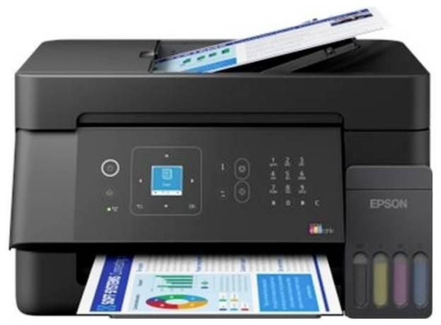 Schwarzer Epson-Multifunktionsdrucker beim Drucken eines Farbdokuments, mit sichtbarem Tintenbecher auf der rechten Seite und Papierförderung von oben und vorne.