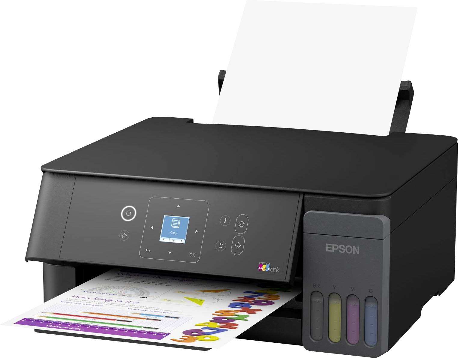 Schwarzer Epson-Tintenstrahldrucker, der ein Farbdokument druckt, mit sichtbaren vorderen Tintentanks und Bedienfeld.