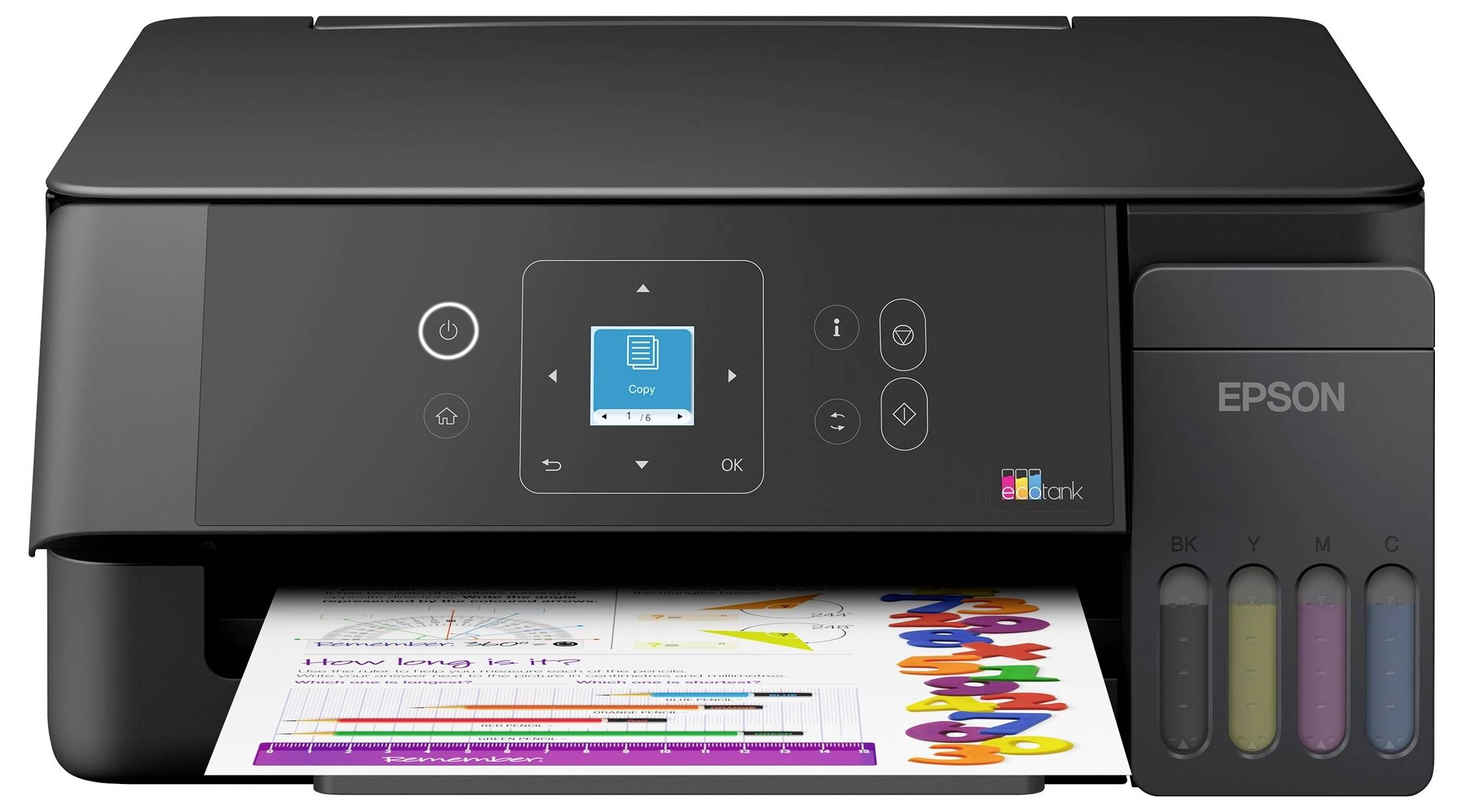 Schwarzer Epson EcoTank Multifunktionsdrucker druckt eine farbige Seite, mit sichtbaren Tintentanks auf der rechten Seite und einem kleinen Bedienfeld auf der Vorderseite.