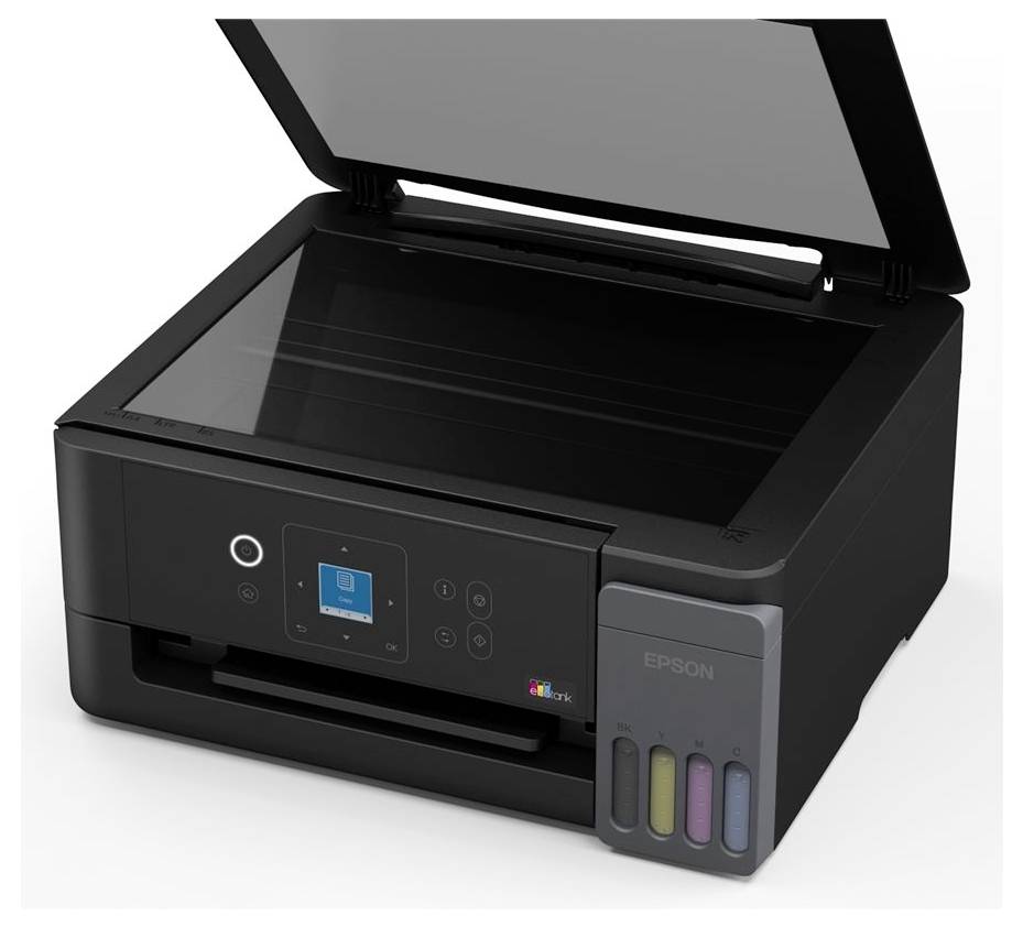Schwarzer Epson Multifunktions-Tintenstrahldrucker mit offener Flachbett-Scannerklappe und sichtbaren vorderen Tintentanks