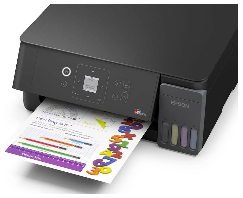 Schwarzer Epson Multifunktionsdrucker druckt eine farbige Berichtsseite mit Diagrammen und dem Text „Wie lange dauert es?