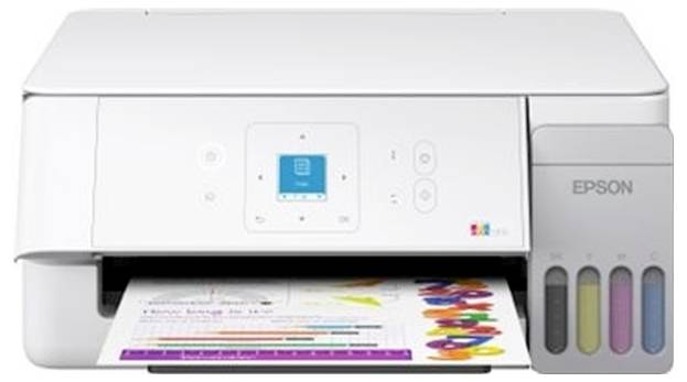 Weißer Epson Multifunktions-Tintenstrahldrucker beim Drucken eines Farbdokuments mit sichtbaren Tintentanks auf der rechten Seite